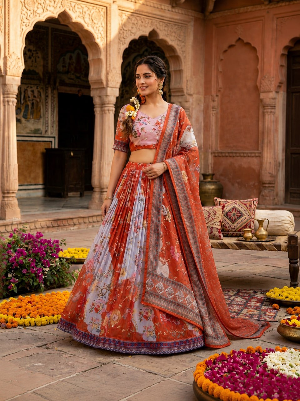 Red Digital Print Silk Lehenga Set