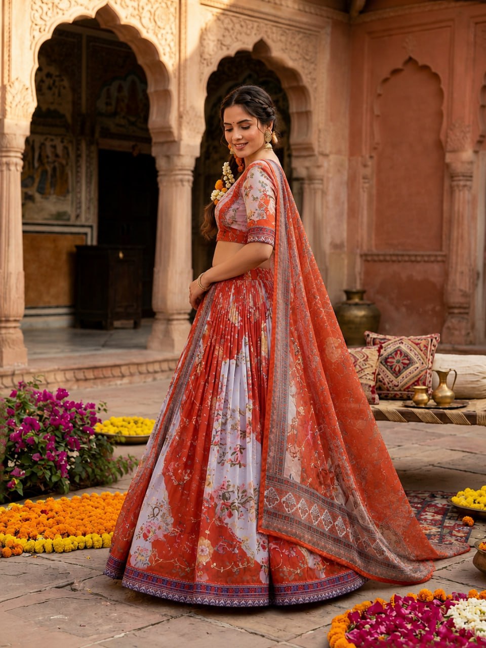 Red Digital Print Silk Lehenga Set