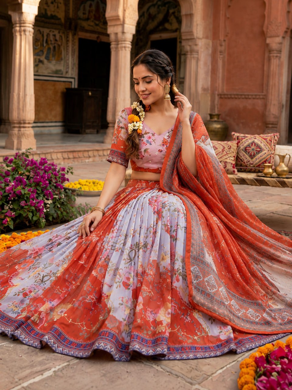Red Digital Print Silk Lehenga Set
