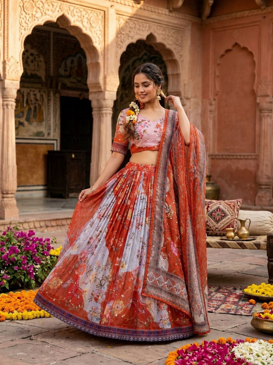 Red Digital Print Silk Lehenga Set