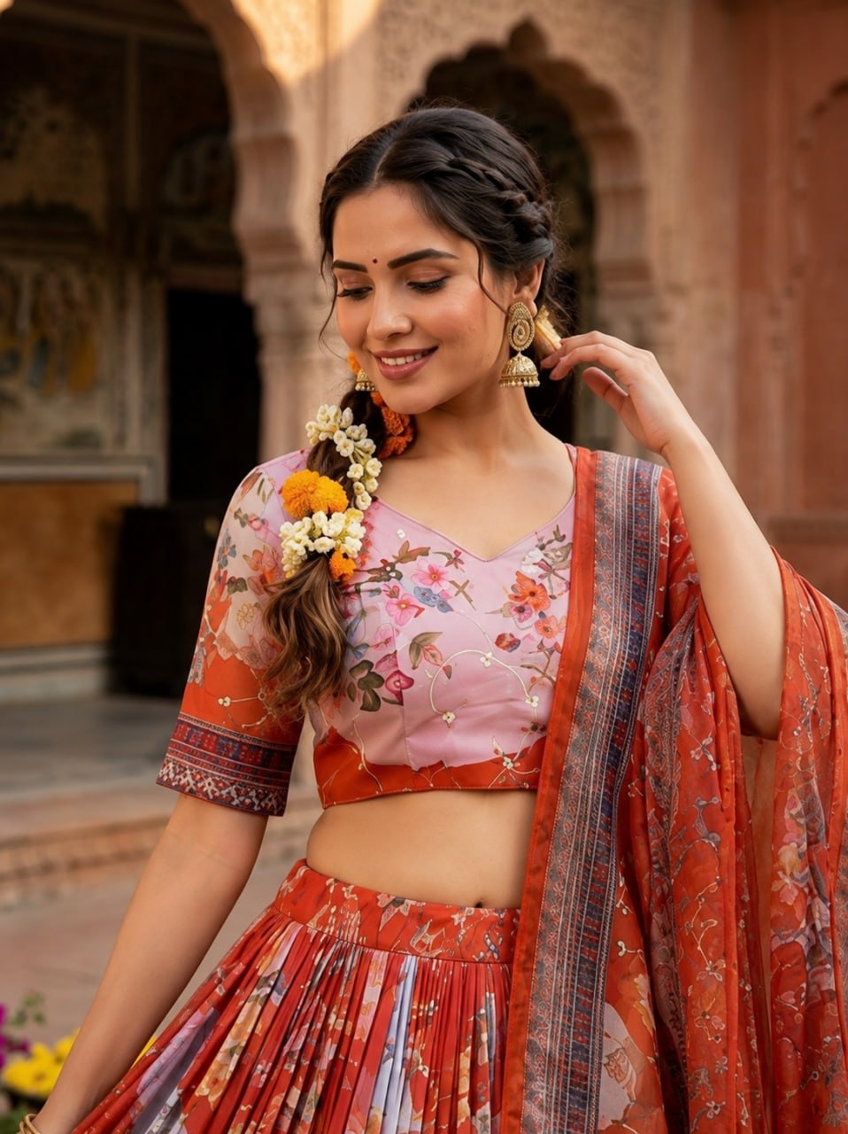 Red Digital Print Silk Lehenga Set