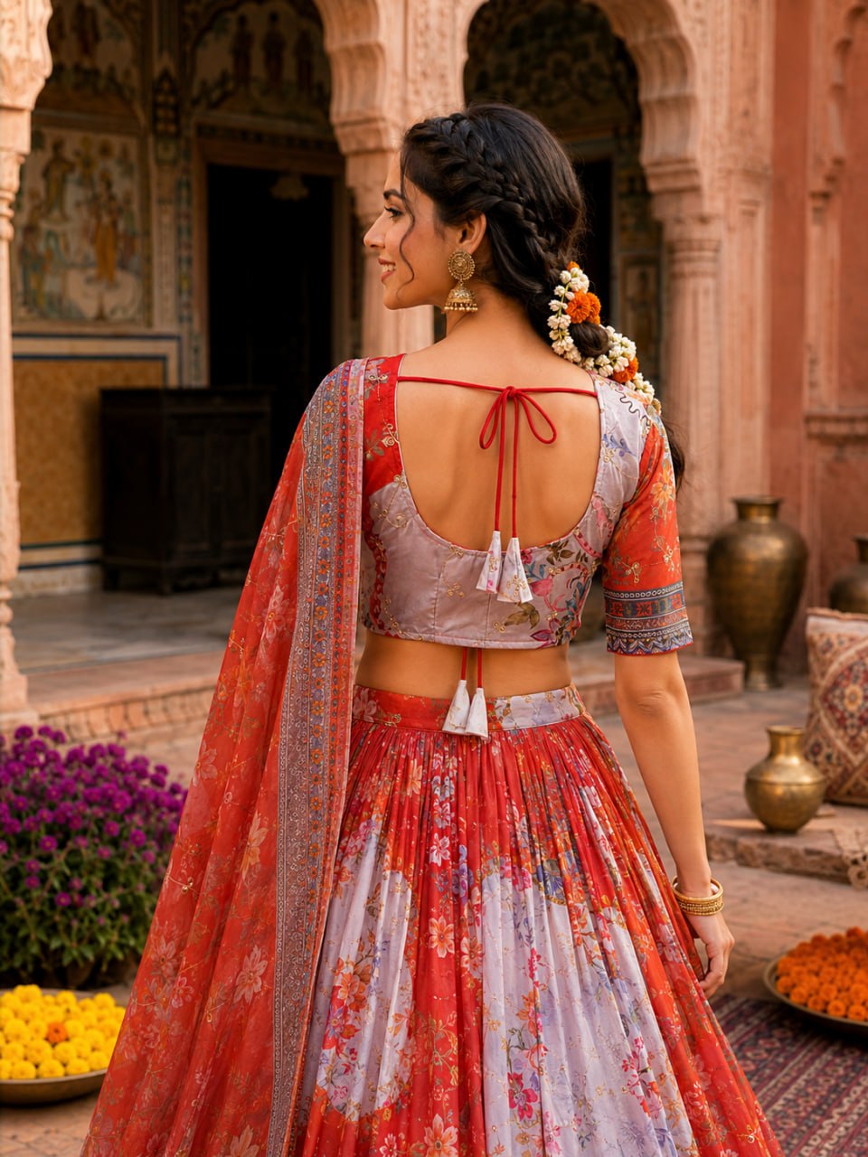 Red Digital Print Silk Lehenga Set
