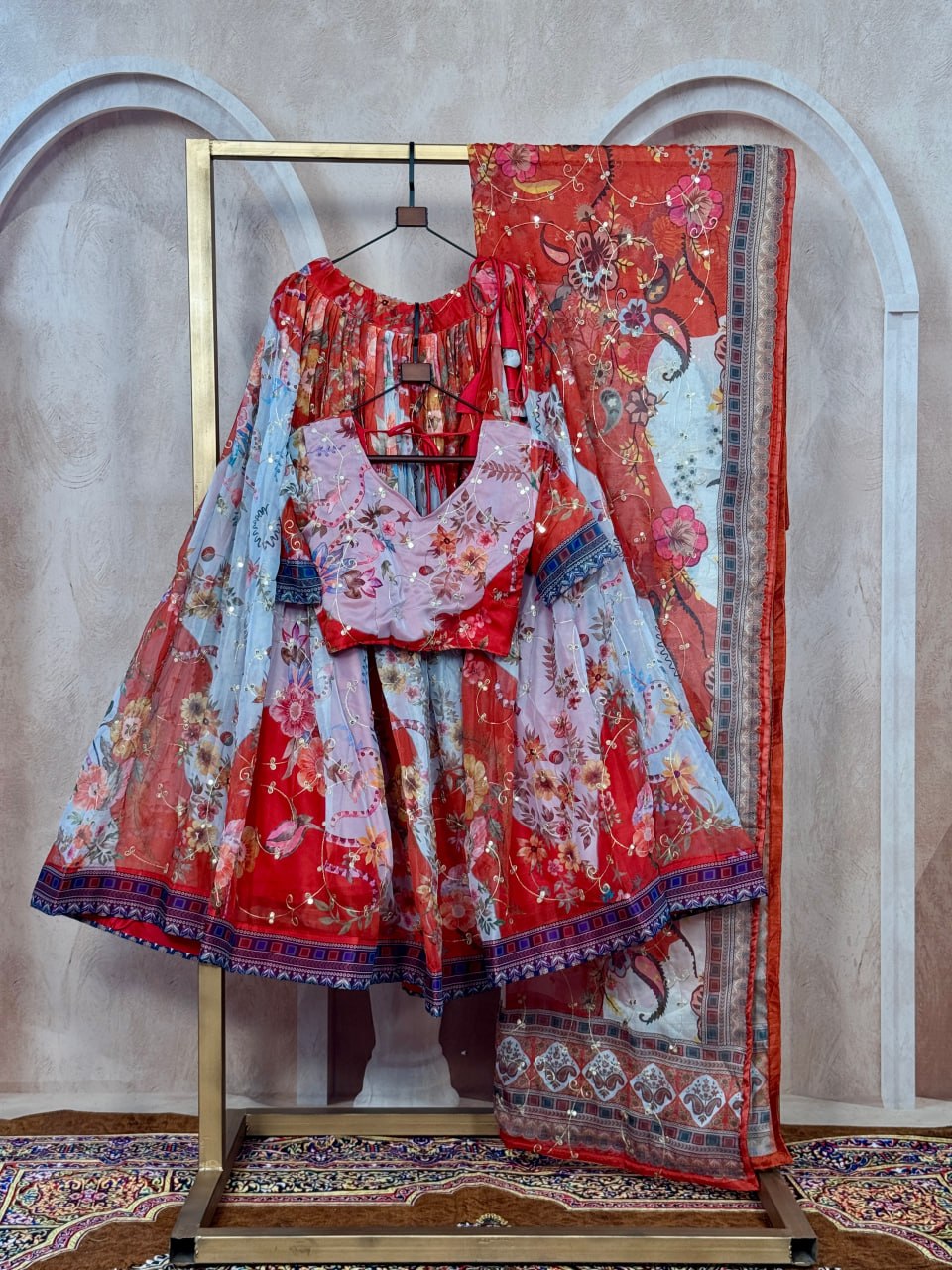 Red Digital Print Silk Lehenga Set