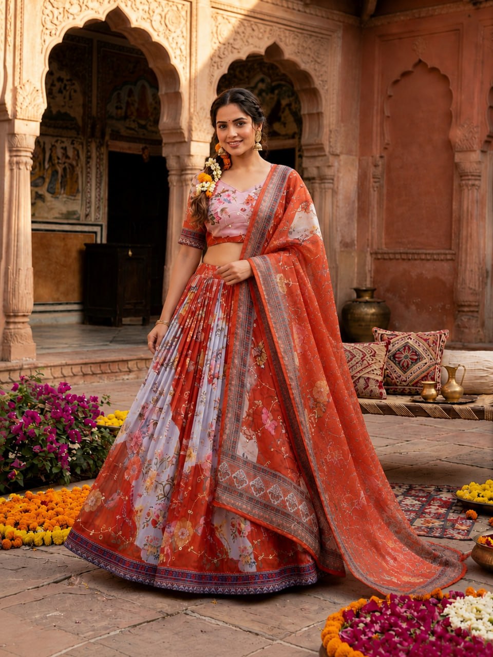 Red Digital Print Silk Lehenga Set