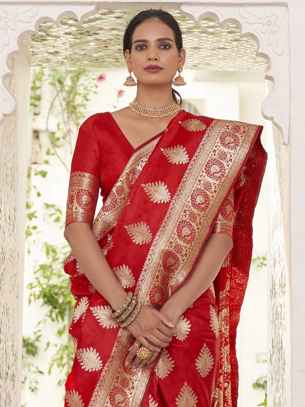 Red Elegant Banarasi Satin Saree with Unstitched Blouse Piece