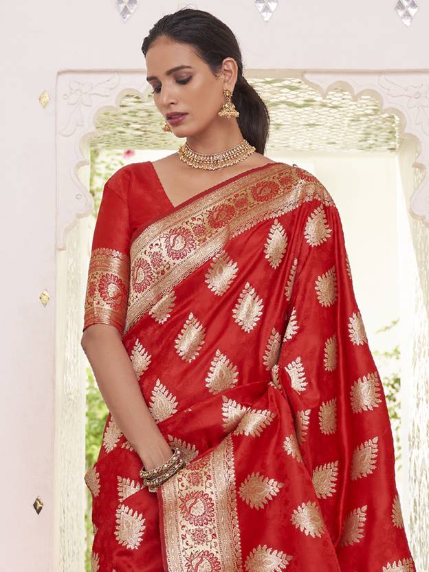 Red Elegant Banarasi Satin Saree with Unstitched Blouse Piece