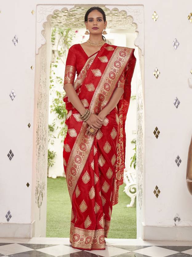 Red Elegant Banarasi Satin Saree with Unstitched Blouse Piece