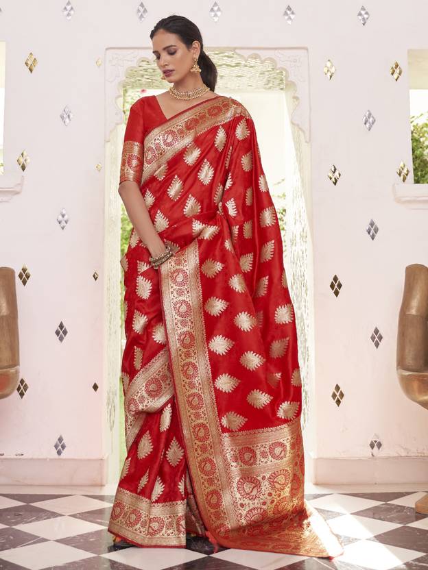 Red Elegant Banarasi Satin Saree with Unstitched Blouse Piece