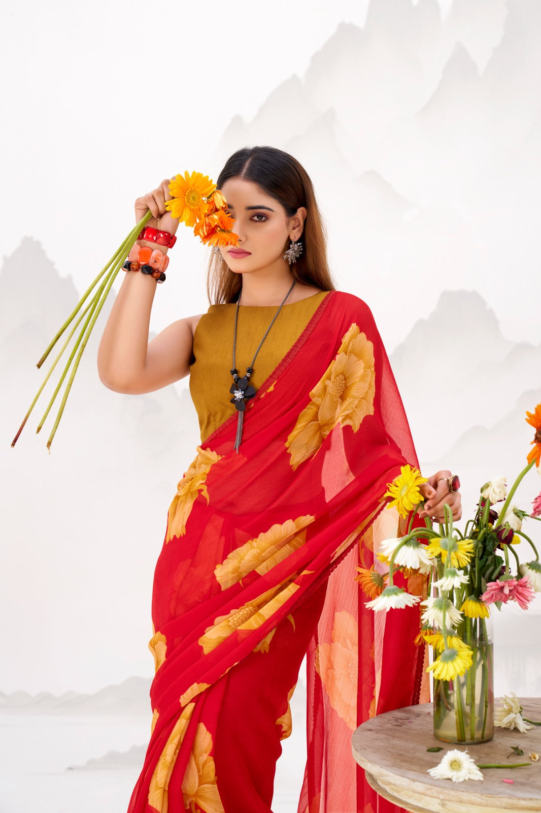 Red Elegant Chiffon Saree with Floral Print & Lace Border – Unstitched Banglory Blouse
