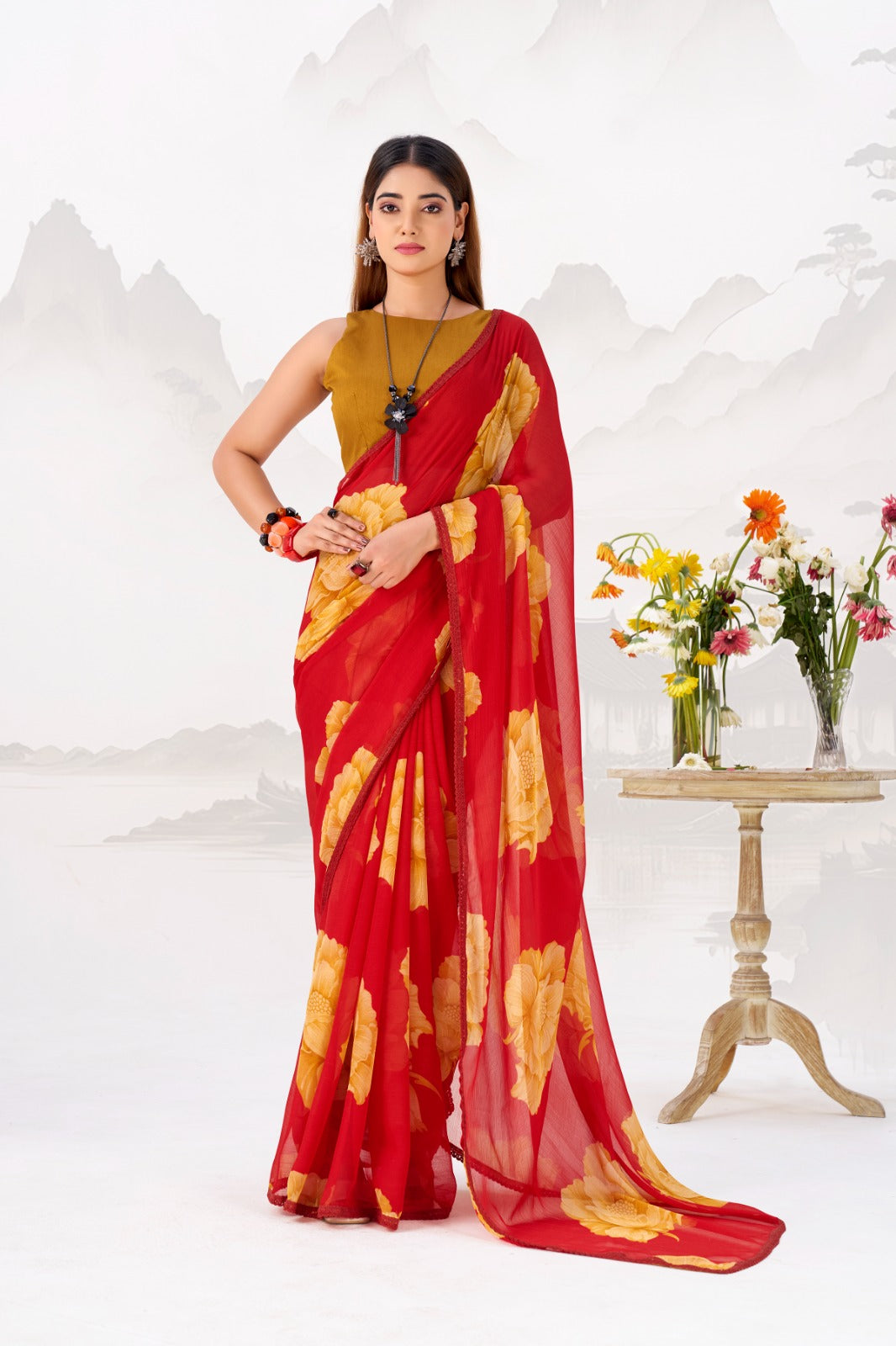 Red Elegant Chiffon Saree with Floral Print & Lace Border – Unstitched Banglory Blouse