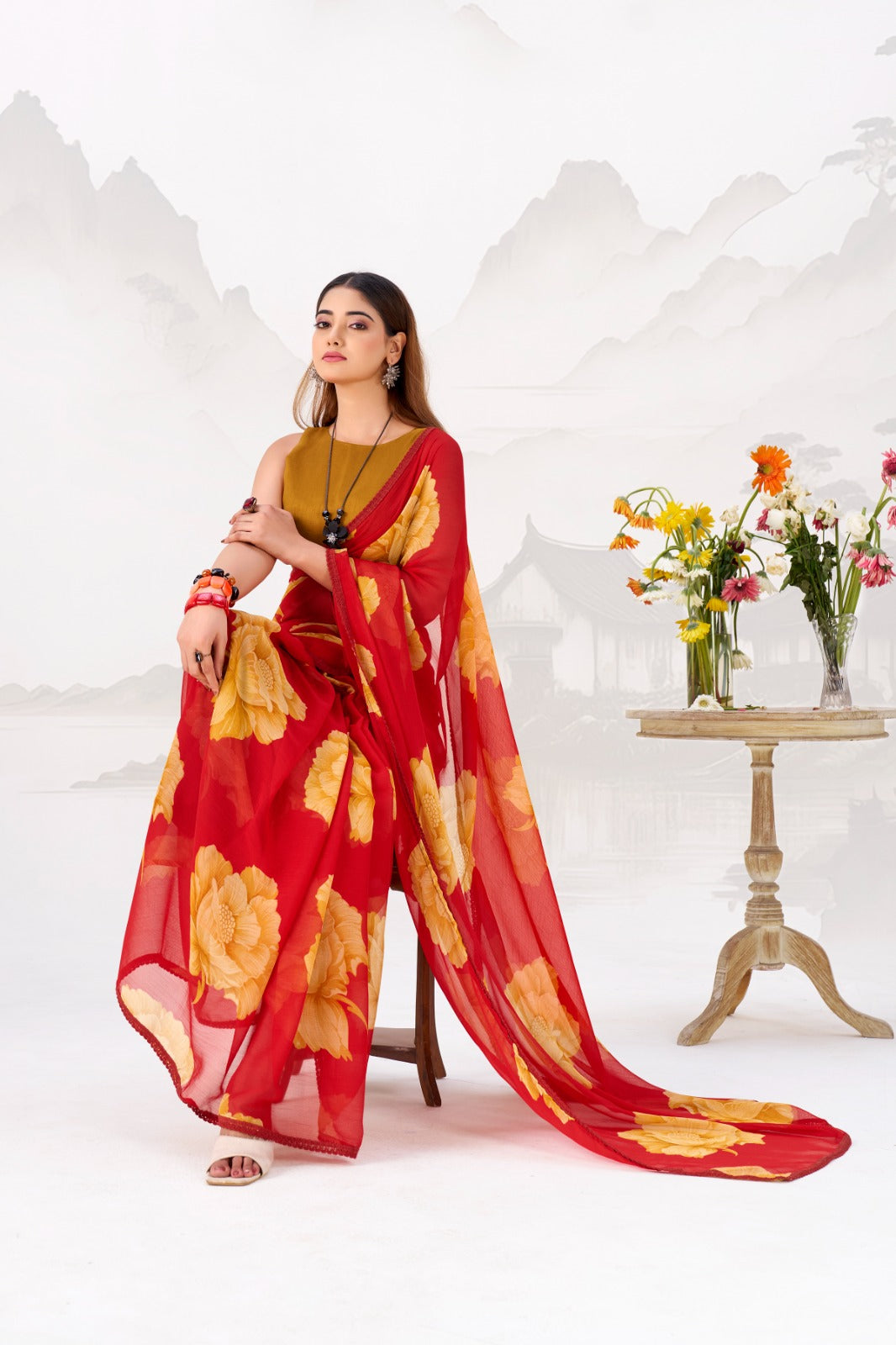 Red Elegant Chiffon Saree with Floral Print & Lace Border – Unstitched Banglory Blouse
