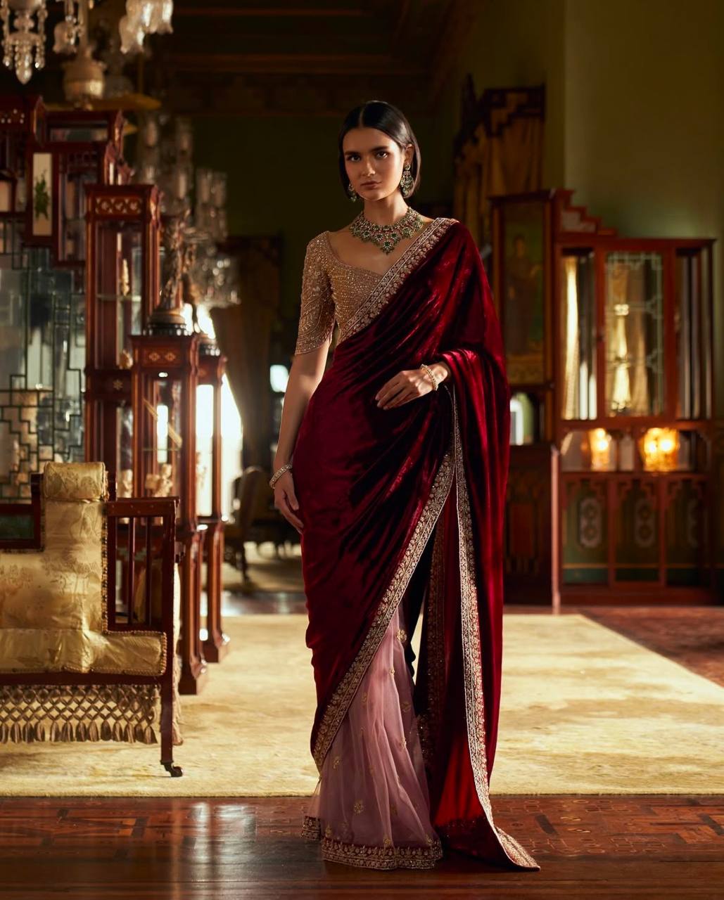 Red Elegant & Classy Velvet Net Saree — Sequins, Thread & Dori Work