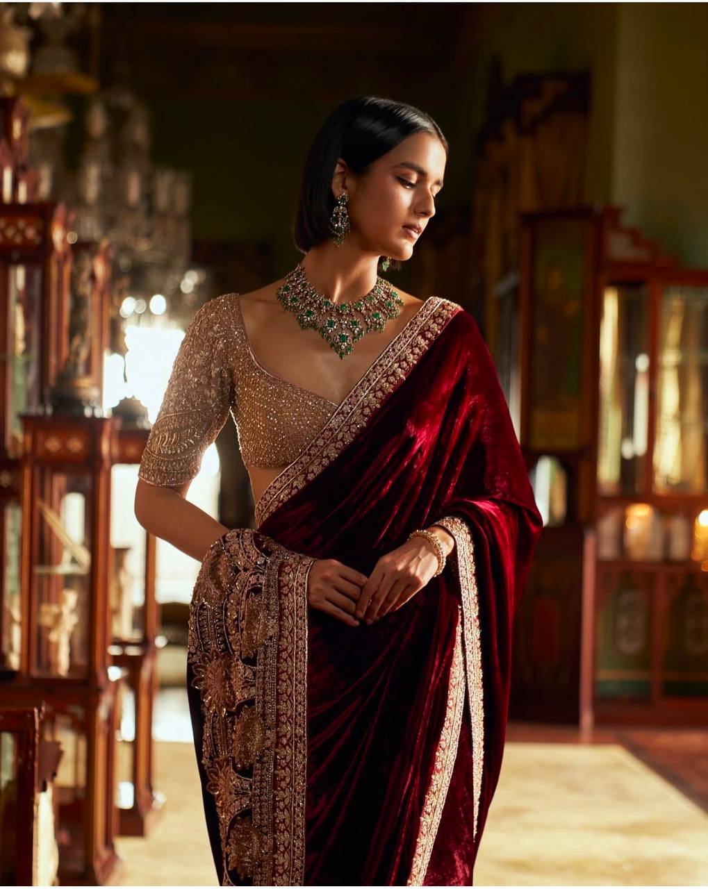 Red Elegant & Classy Velvet Net Saree — Sequins, Thread & Dori Work