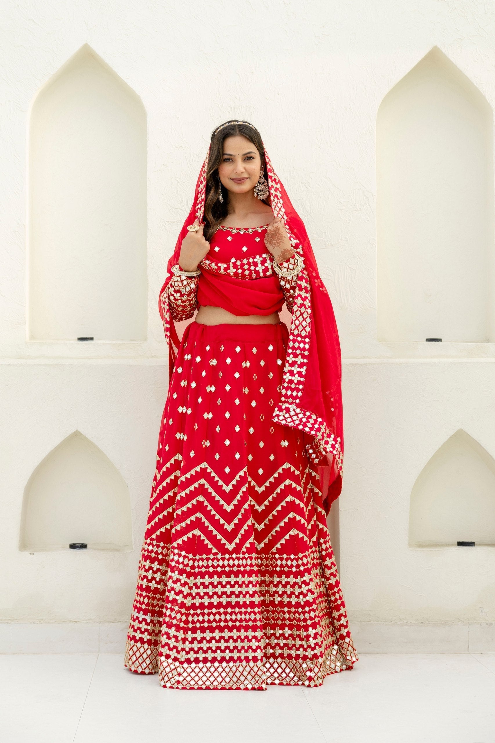 Red Elegant Georgette Foil Embroidered Lehenga Set with Dupatta – Semi-Stitched Lehenga & Unstitched Blouse