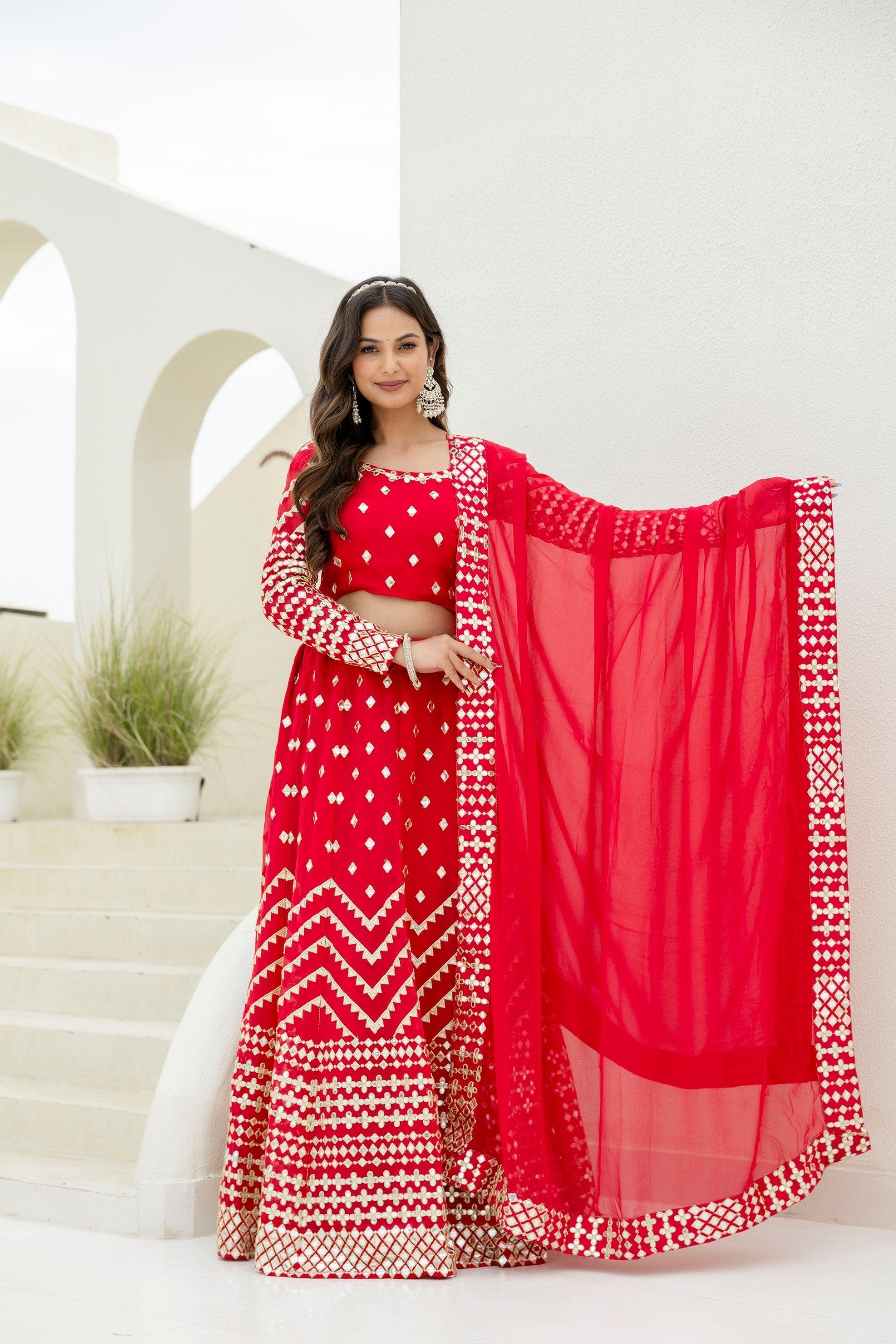 Red Elegant Georgette Foil Embroidered Lehenga Set with Dupatta – Semi-Stitched Lehenga & Unstitched Blouse