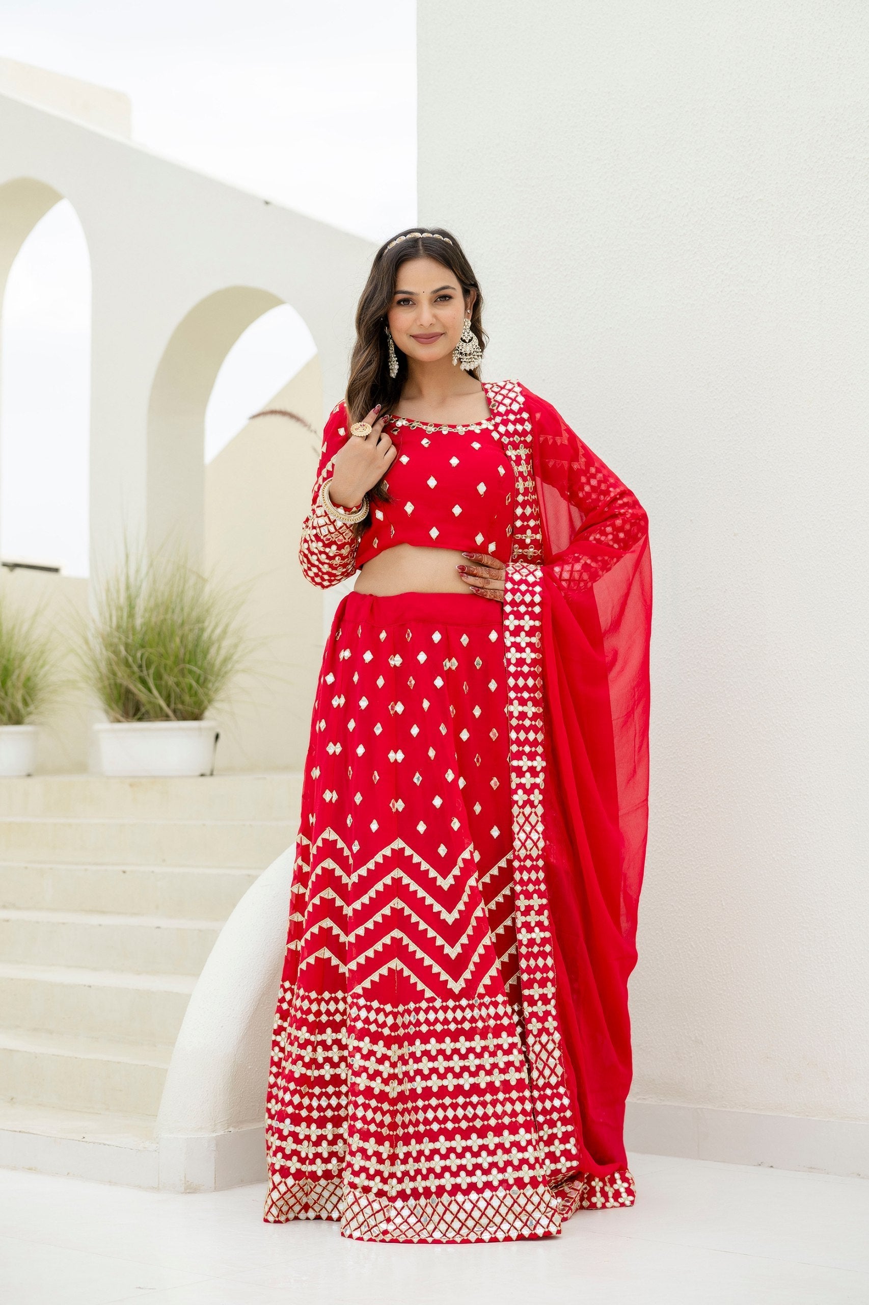 Red Elegant Georgette Foil Embroidered Lehenga Set with Dupatta – Semi-Stitched Lehenga & Unstitched Blouse