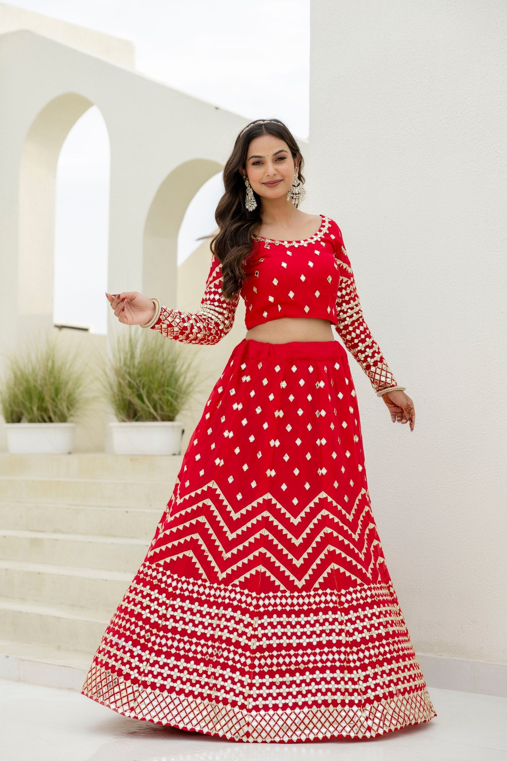 Red Elegant Georgette Foil Embroidered Lehenga Set with Dupatta – Semi-Stitched Lehenga & Unstitched Blouse