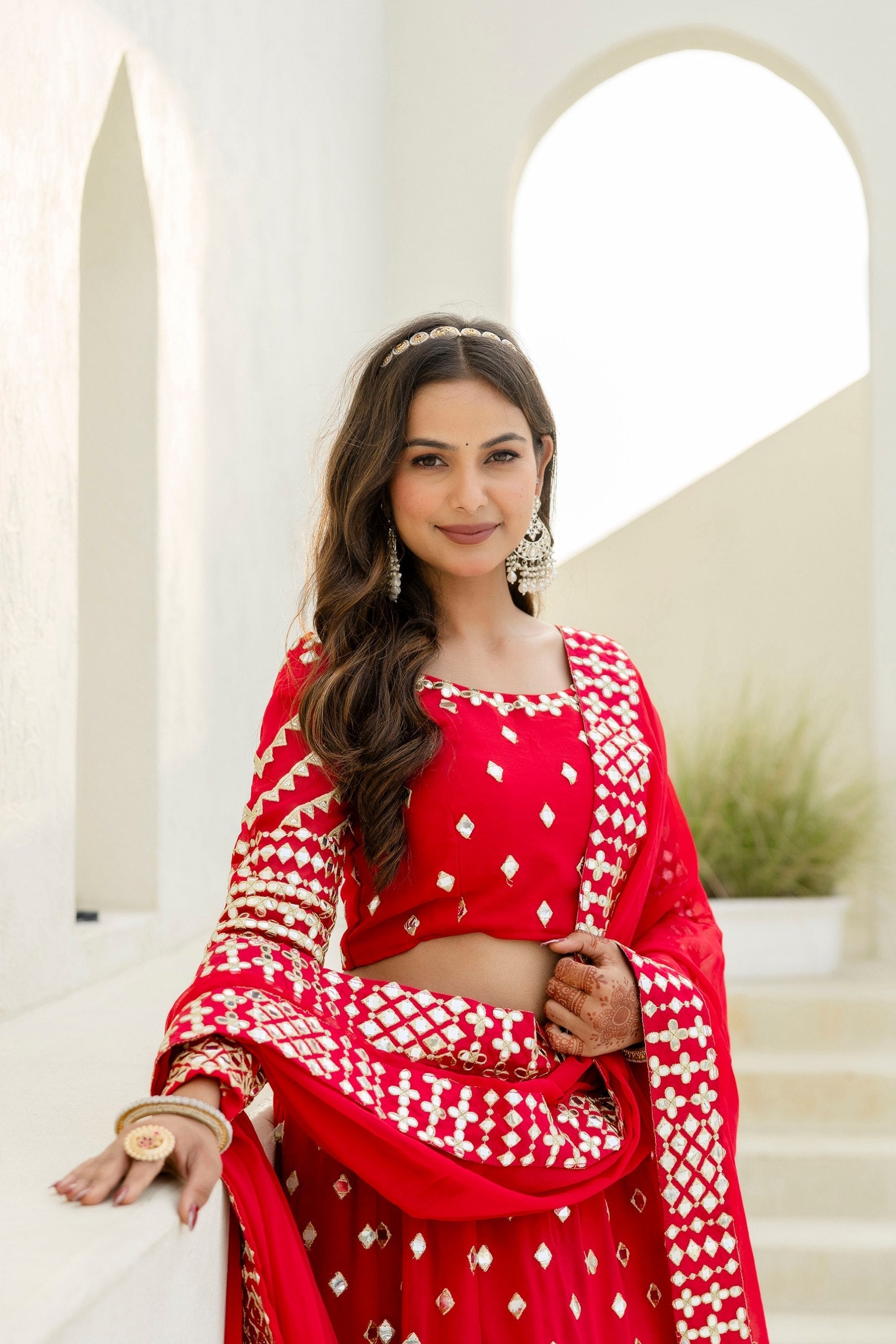 Red Elegant Georgette Foil Embroidered Lehenga Set with Dupatta – Semi-Stitched Lehenga & Unstitched Blouse