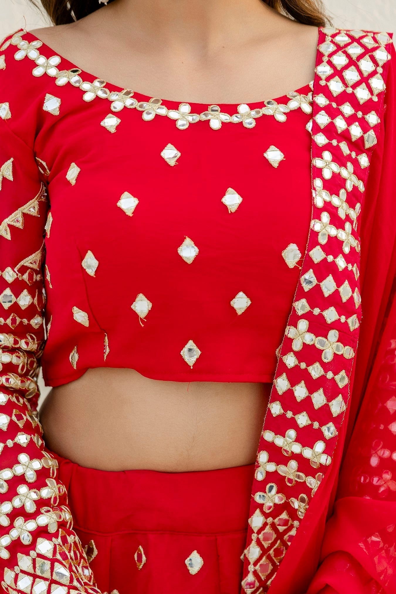 Red Elegant Georgette Foil Embroidered Lehenga Set with Dupatta – Semi-Stitched Lehenga & Unstitched Blouse