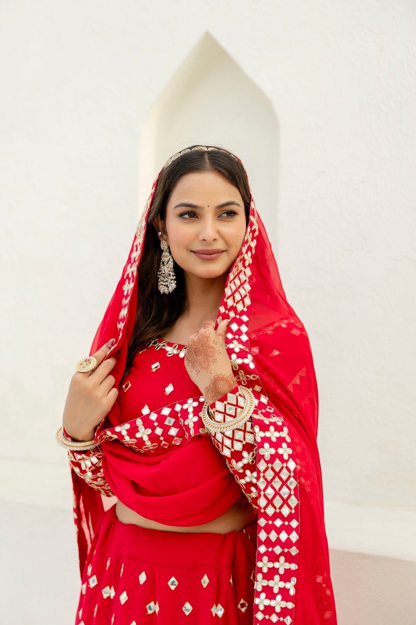 Red Elegant Georgette Foil Embroidered Lehenga Set with Dupatta – Semi-Stitched Lehenga & Unstitched Blouse