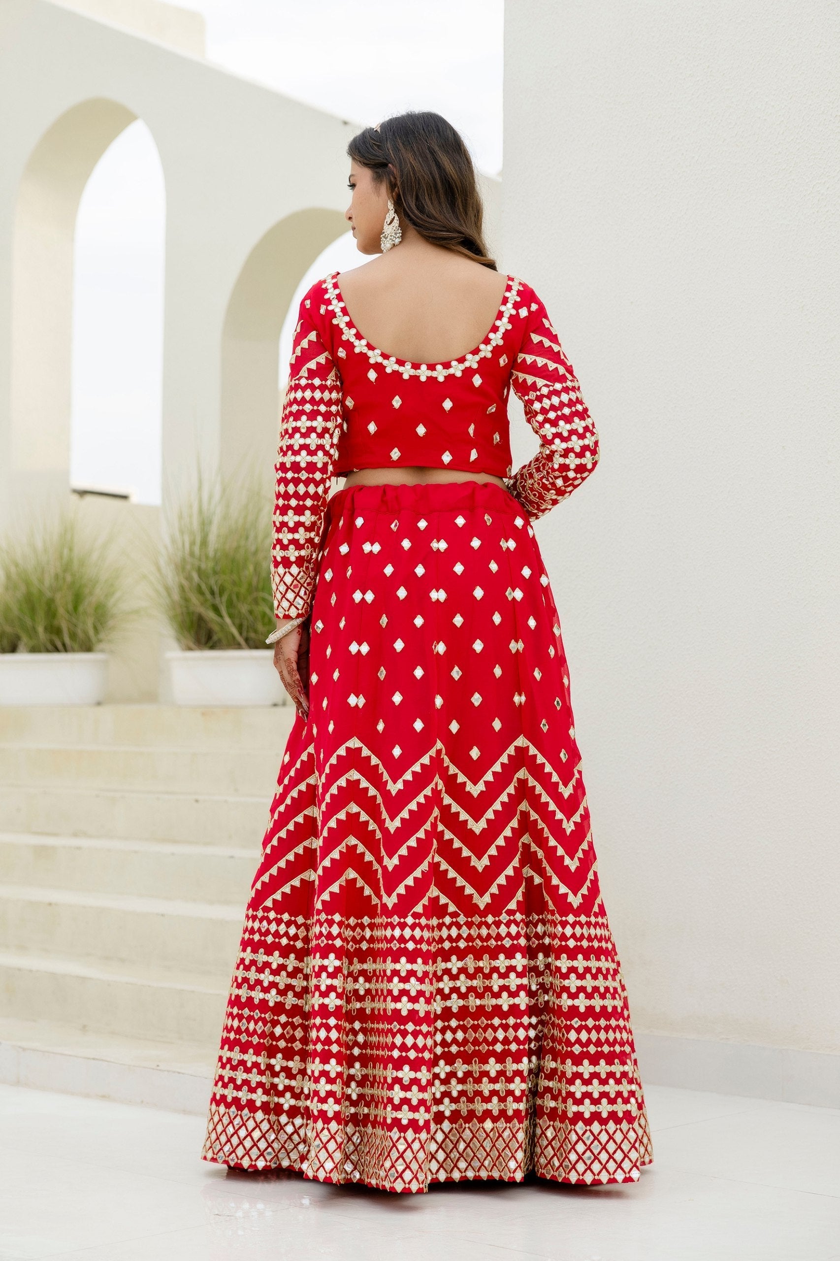 Red Elegant Georgette Foil Embroidered Lehenga Set with Dupatta – Semi-Stitched Lehenga & Unstitched Blouse