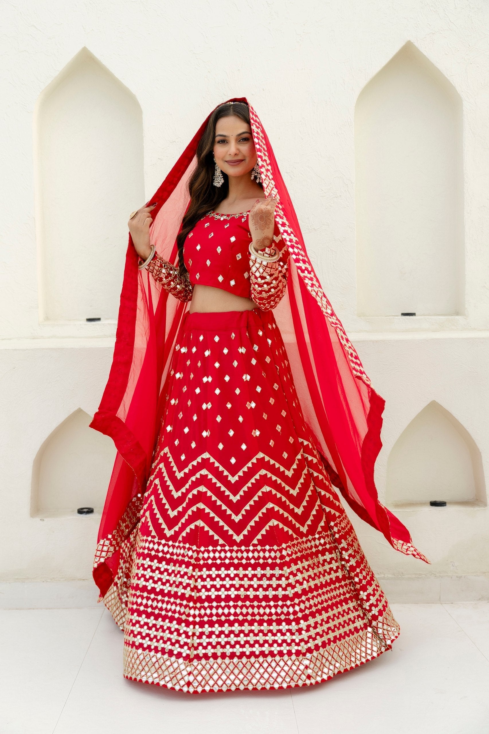 Red Elegant Georgette Foil Embroidered Lehenga Set with Dupatta – Semi-Stitched Lehenga & Unstitched Blouse