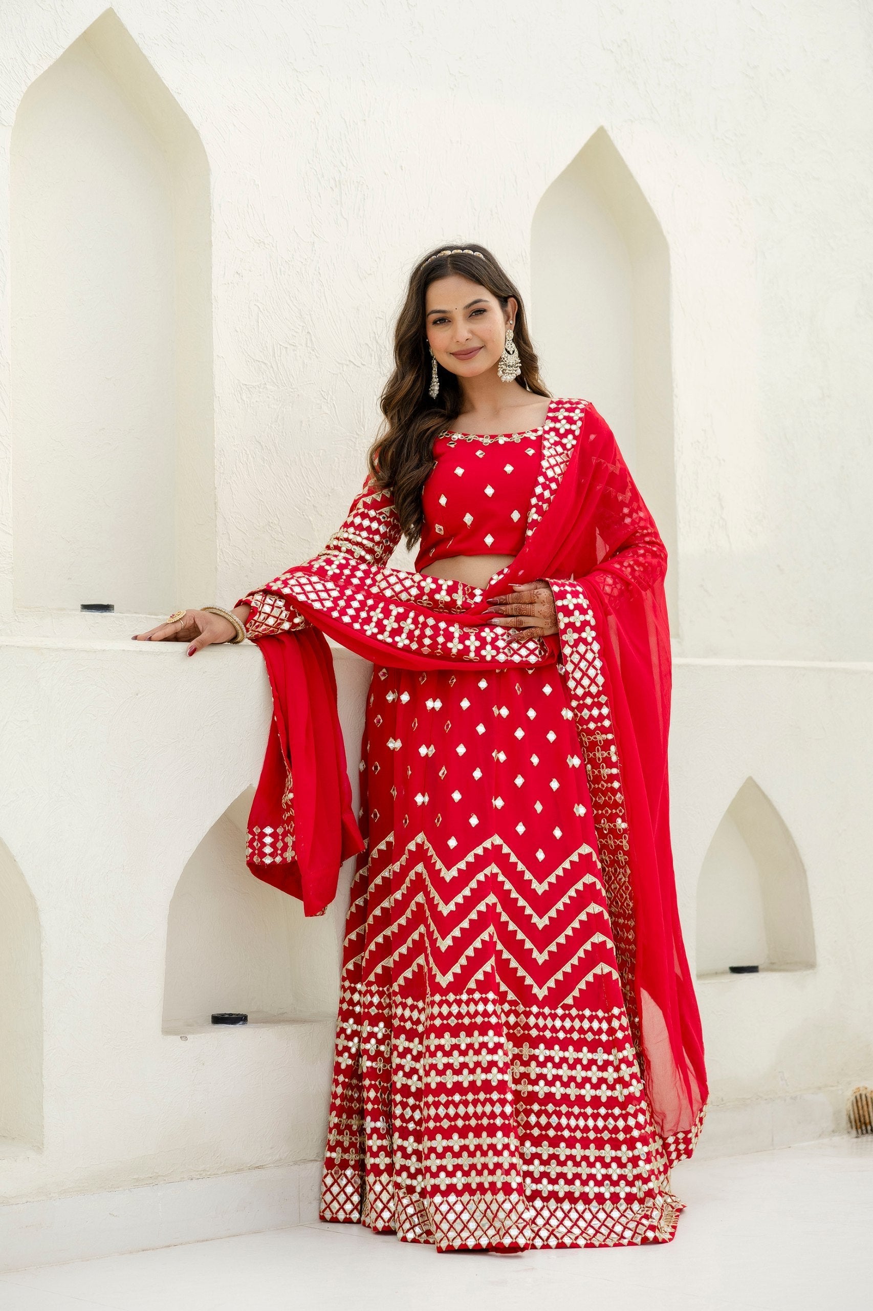 Red Elegant Georgette Foil Embroidered Lehenga Set with Dupatta – Semi-Stitched Lehenga & Unstitched Blouse