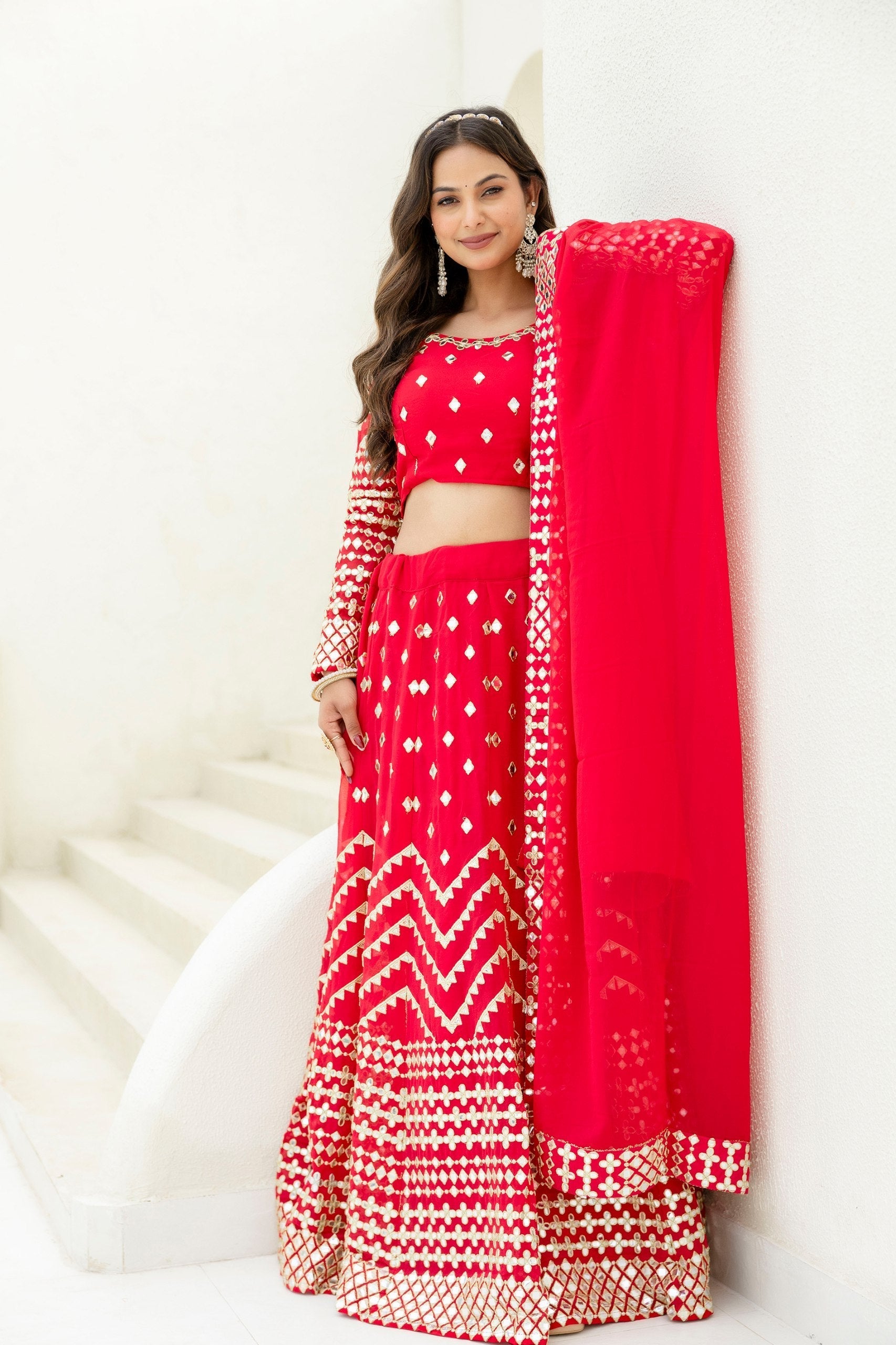 Red Elegant Georgette Foil Embroidered Lehenga Set with Dupatta – Semi-Stitched Lehenga & Unstitched Blouse