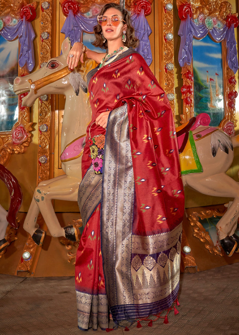 Red Elegant Handloom Banarasi Silk Blend Saree with Woven Work & Blouse Piece