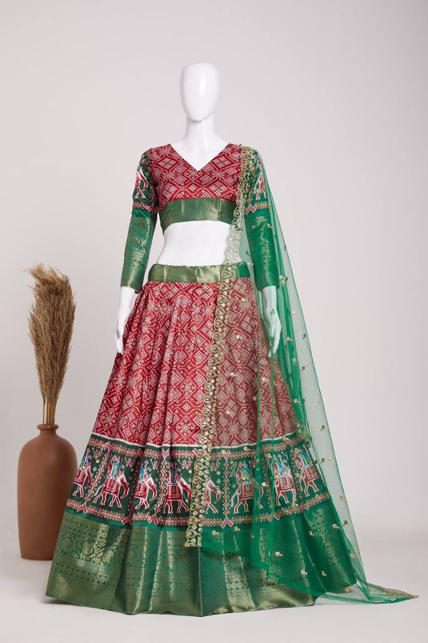 Red Elegant Heavy Dola Jacquard Silk Lehenga Set with Green Embroidered Net Dupatta