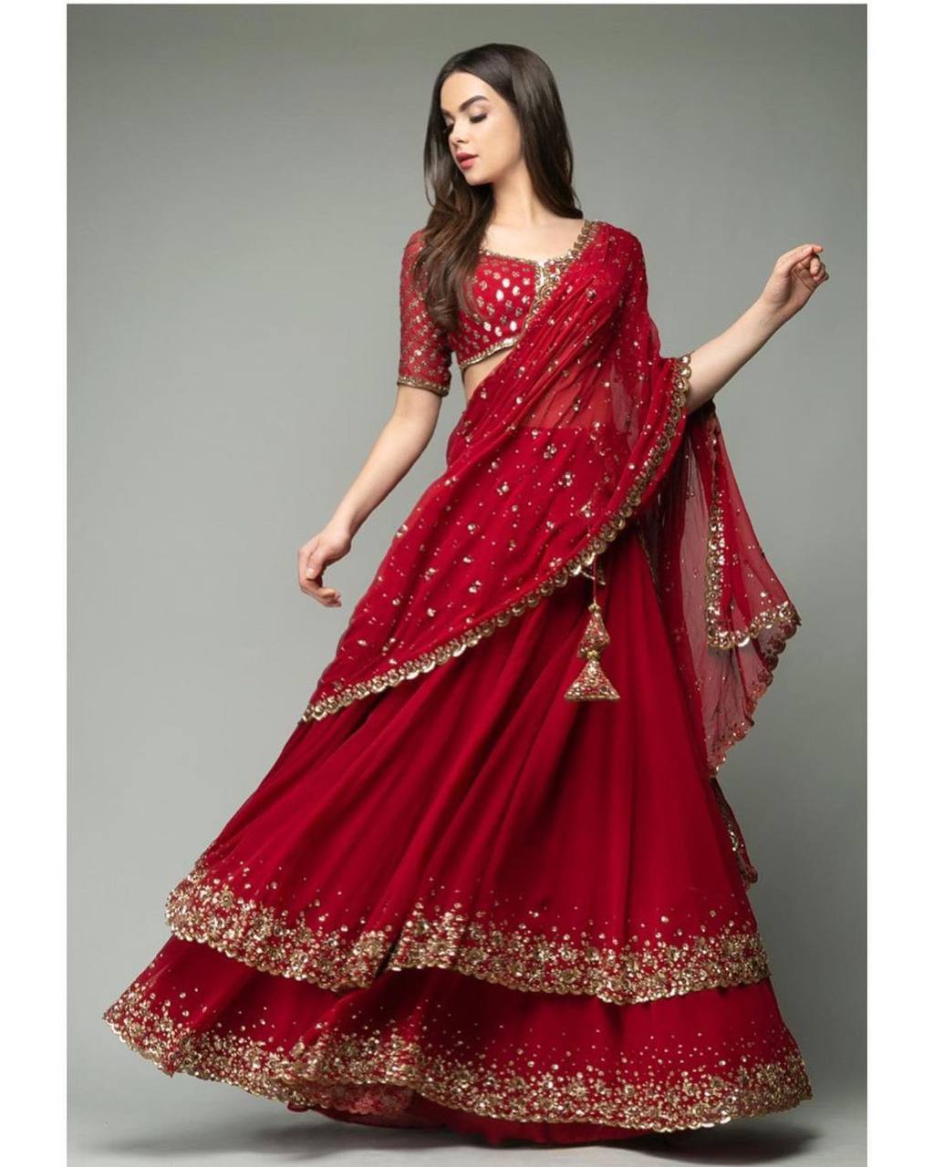 Red Elegant Heavy Georgette Lehenga Set with Embroidery & Sequins Detailing