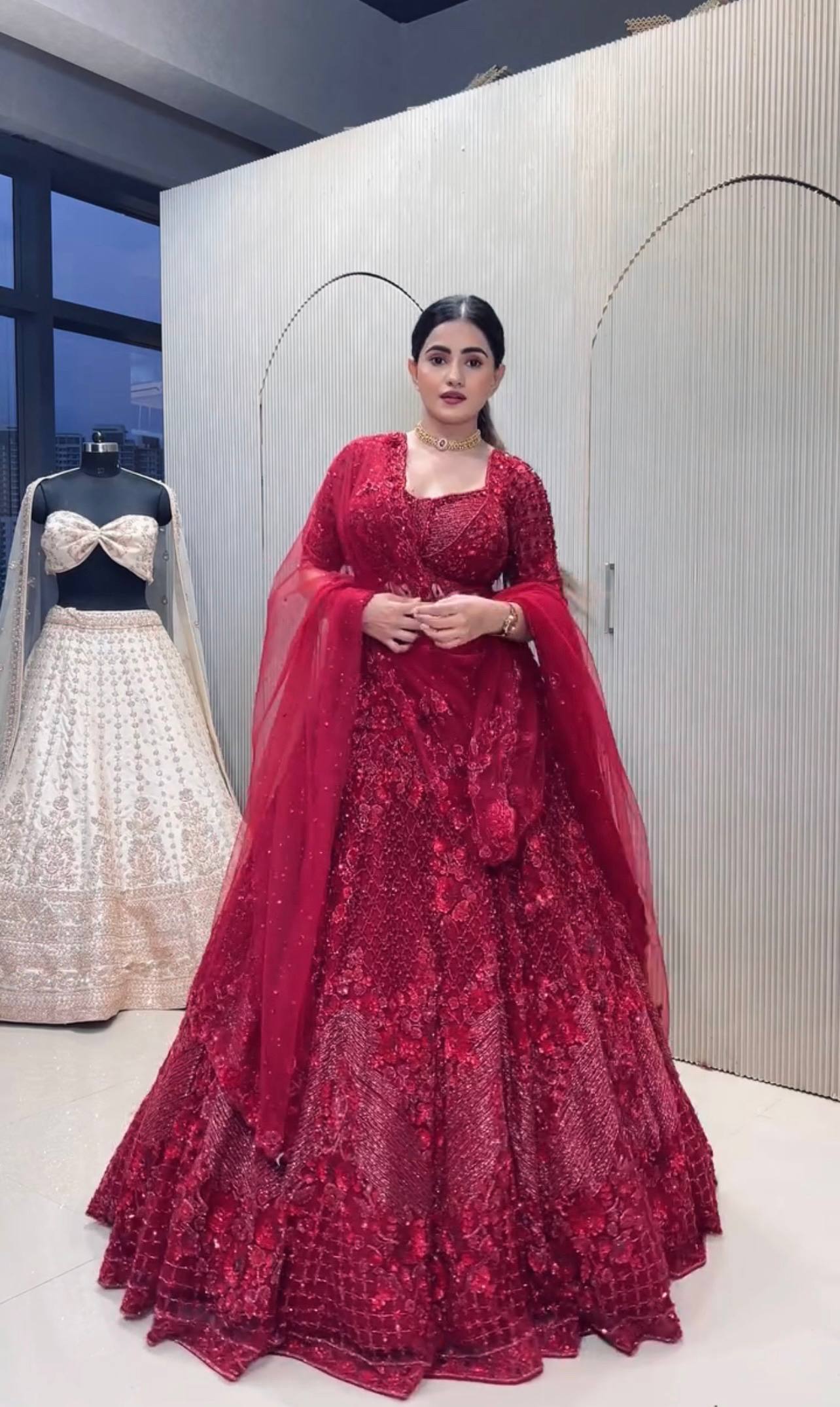 Red Elegant Net Lehenga Set with Intricate Thread, Dori, Sequins & Beads Work