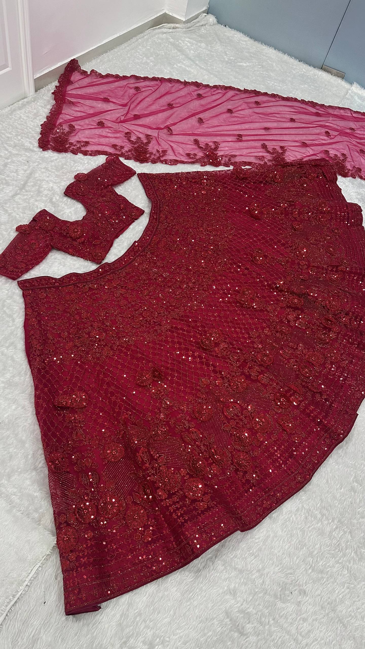 Red Elegant Net Lehenga Set with Intricate Thread, Dori, Sequins & Beads Work
