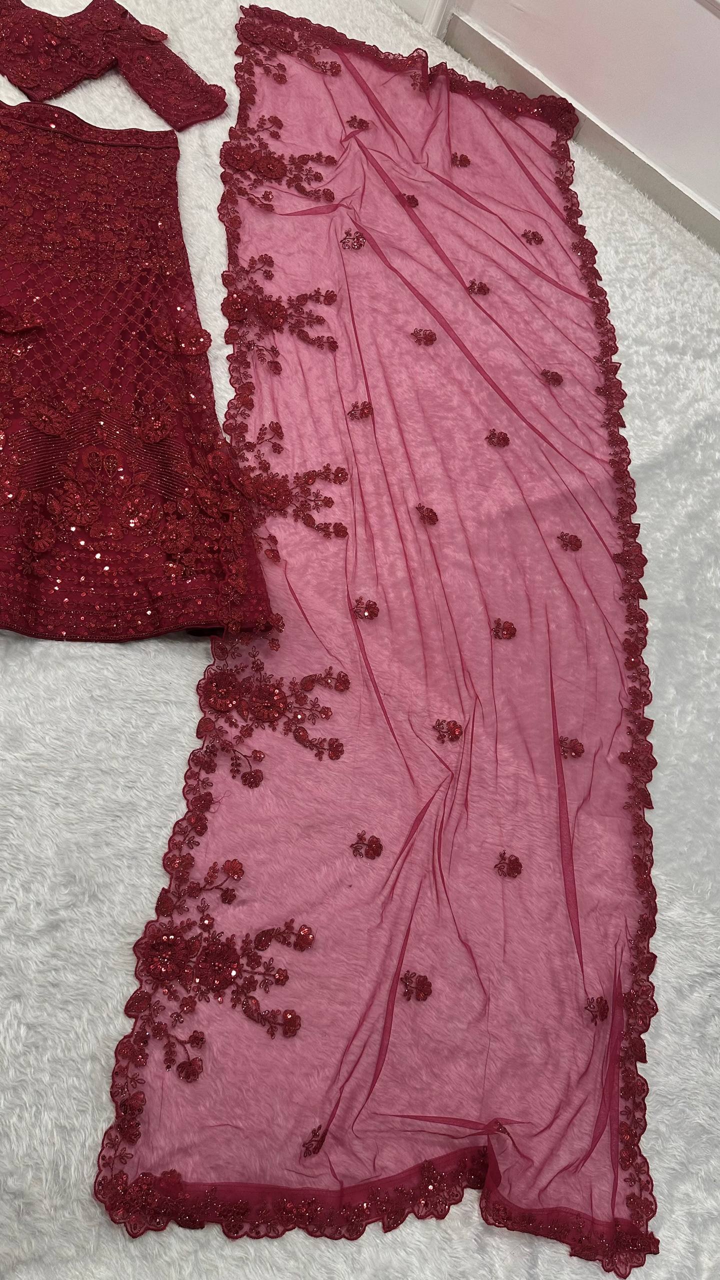 Red Elegant Net Lehenga Set with Intricate Thread, Dori, Sequins & Beads Work