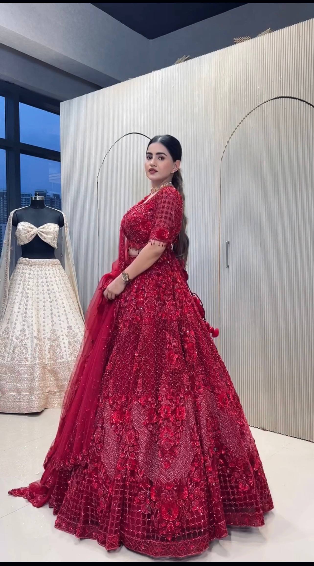 Red Elegant Net Lehenga Set with Intricate Thread, Dori, Sequins & Beads Work