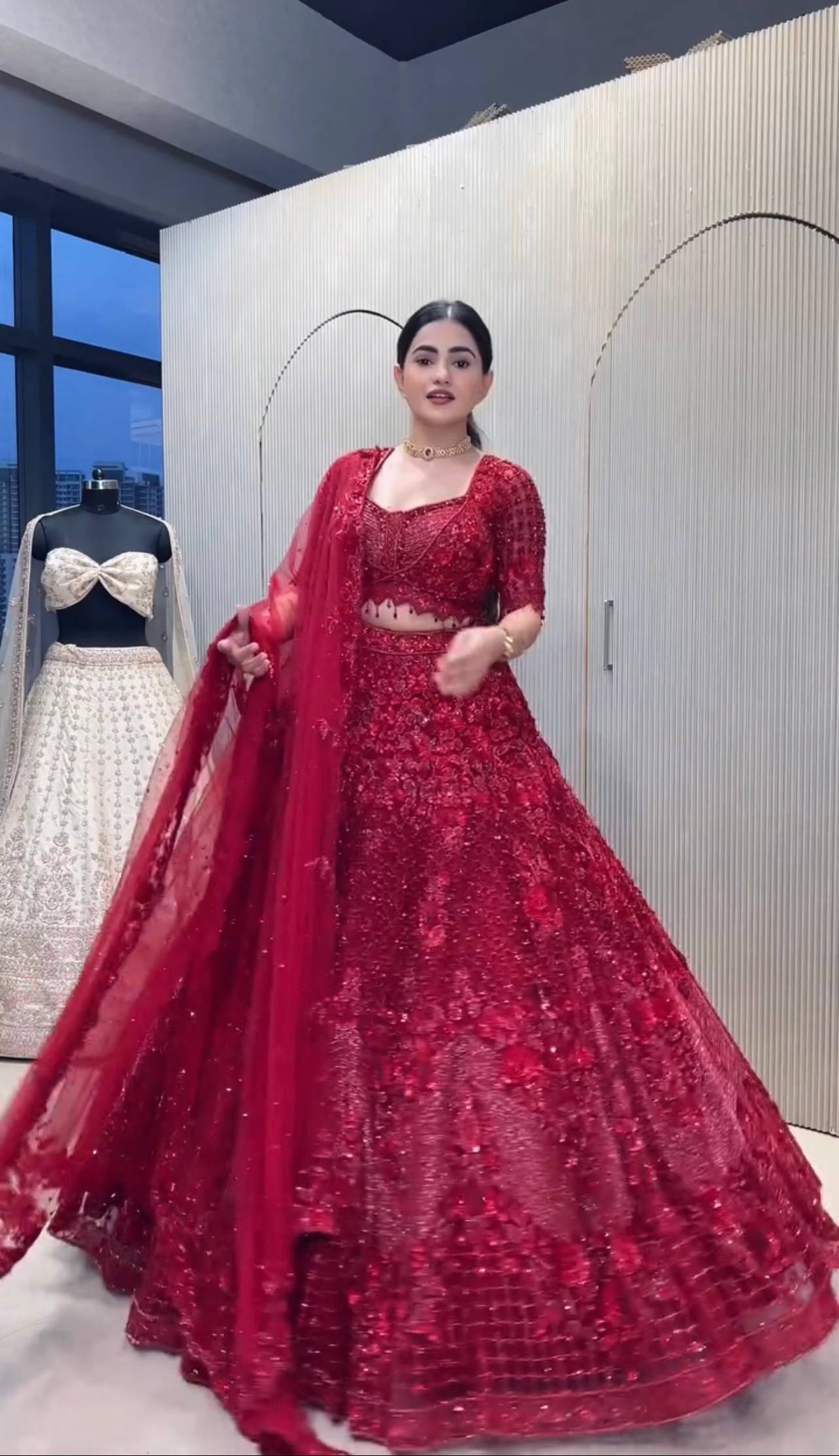Red Elegant Net Lehenga Set with Intricate Thread, Dori, Sequins & Beads Work