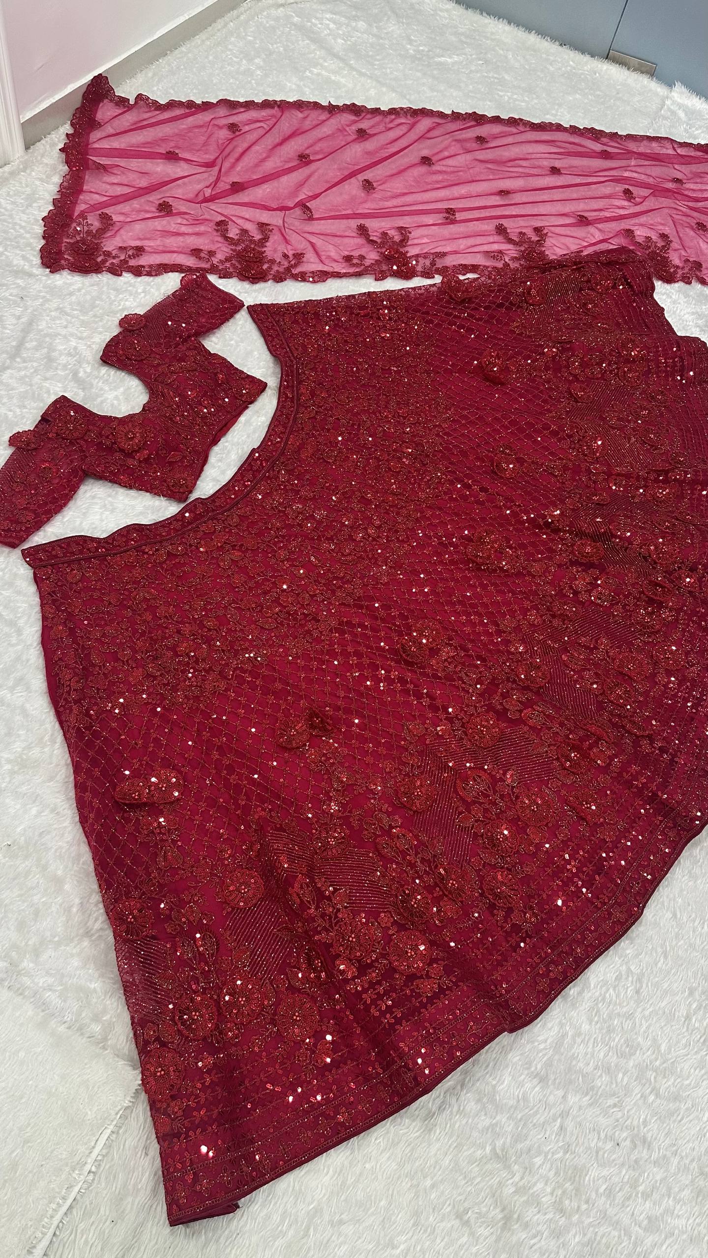 Red Elegant Net Lehenga Set with Intricate Thread, Dori, Sequins & Beads Work