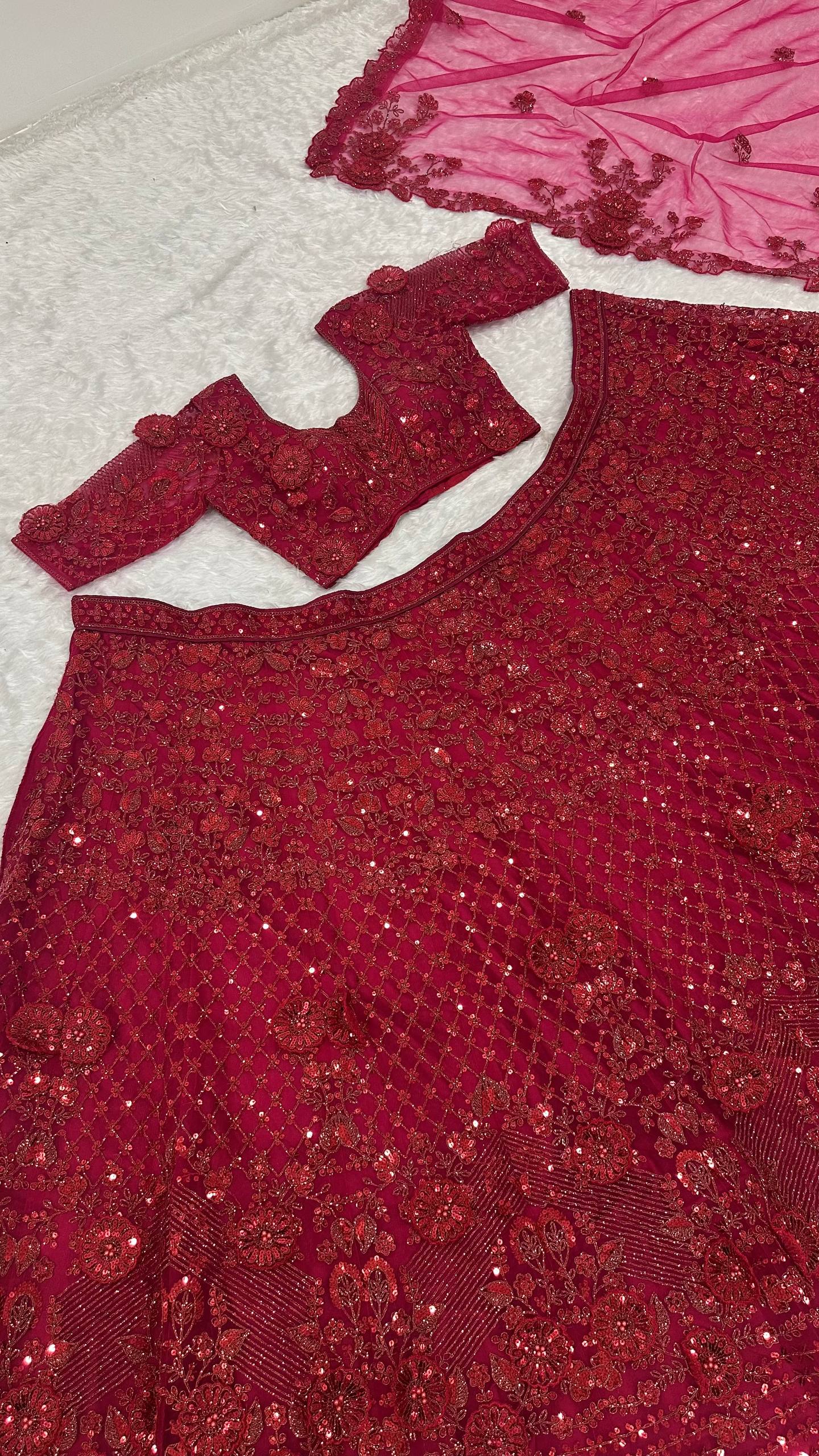Red Elegant Net Lehenga Set with Intricate Thread, Dori, Sequins & Beads Work