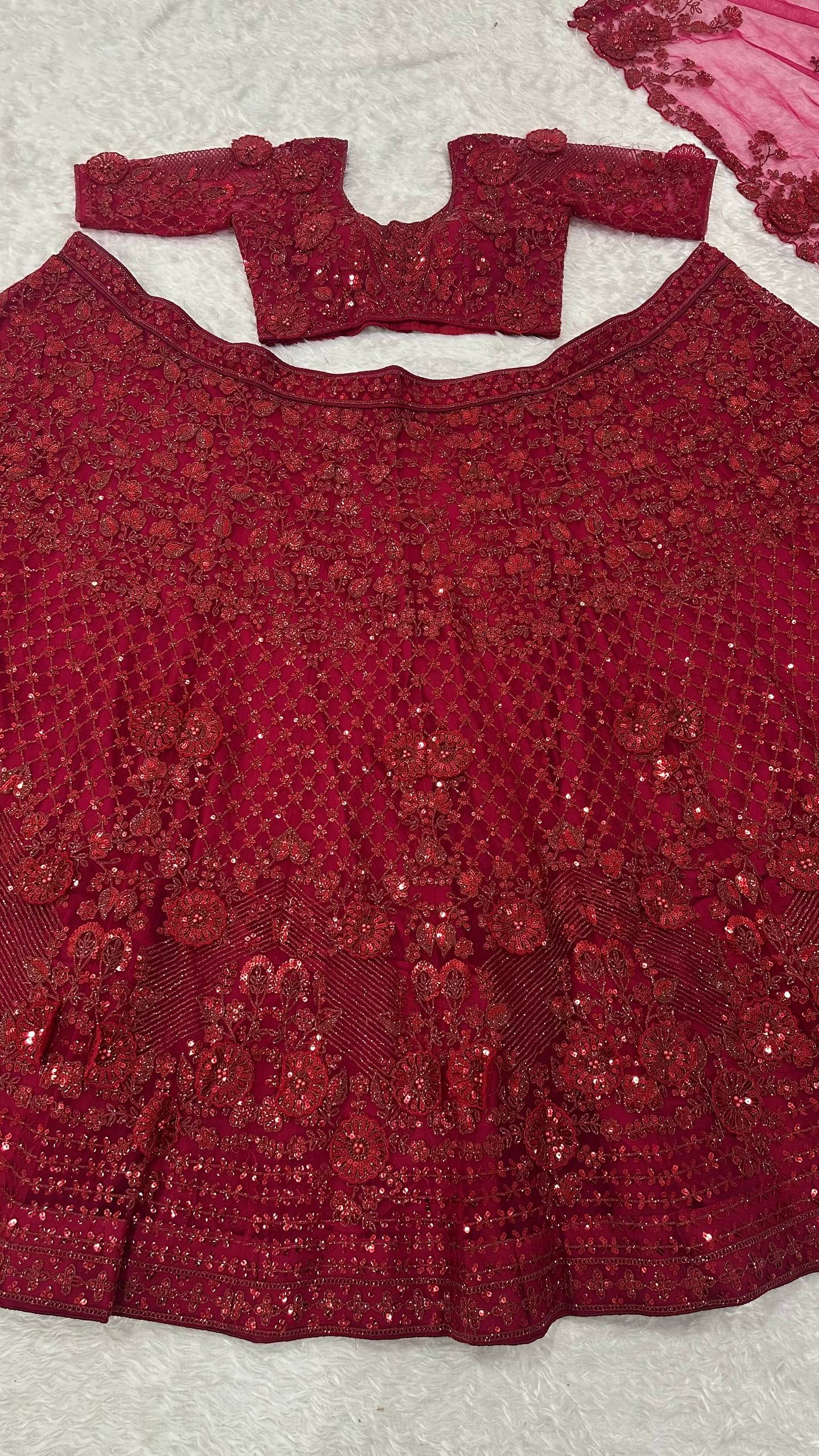 Red Elegant Net Lehenga Set with Intricate Thread, Dori, Sequins & Beads Work