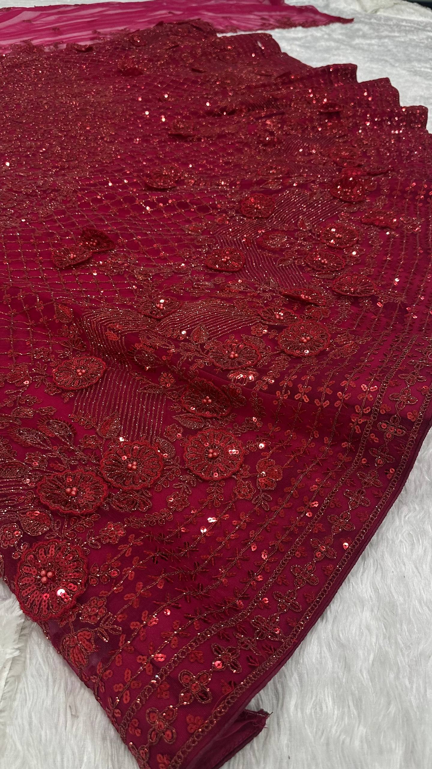 Red Elegant Net Lehenga Set with Intricate Thread, Dori, Sequins & Beads Work