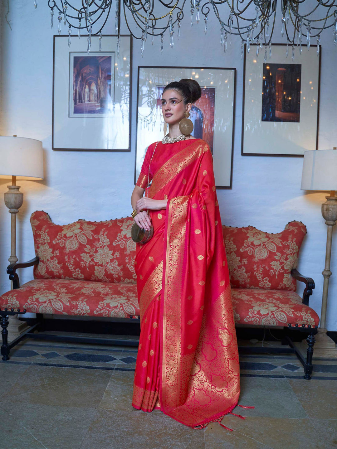 Red Elegant Printed Chanderi Silk Blend Saree with Tassel Detailing