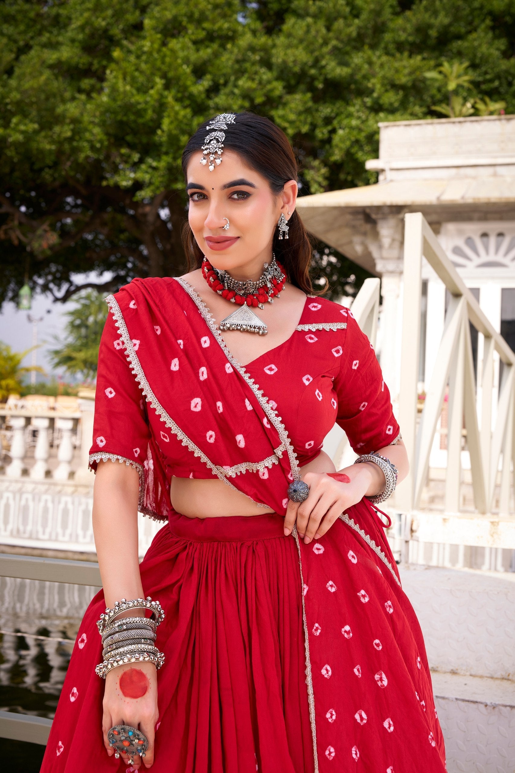 Red Elegant Pure Chanderi Bandhej Print Lehenga Set with Blouse & Dupatta – Stitched with Canvas and Lace Detailing