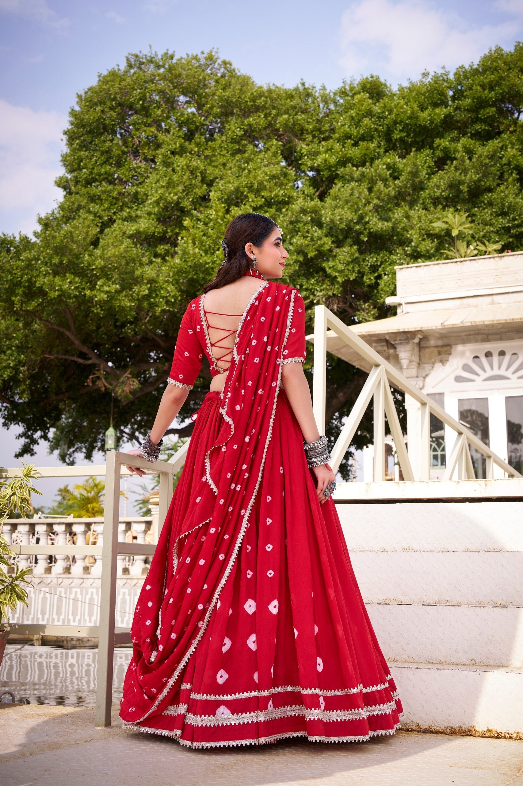 Red Elegant Pure Chanderi Bandhej Print Lehenga Set with Blouse & Dupatta – Stitched with Canvas and Lace Detailing