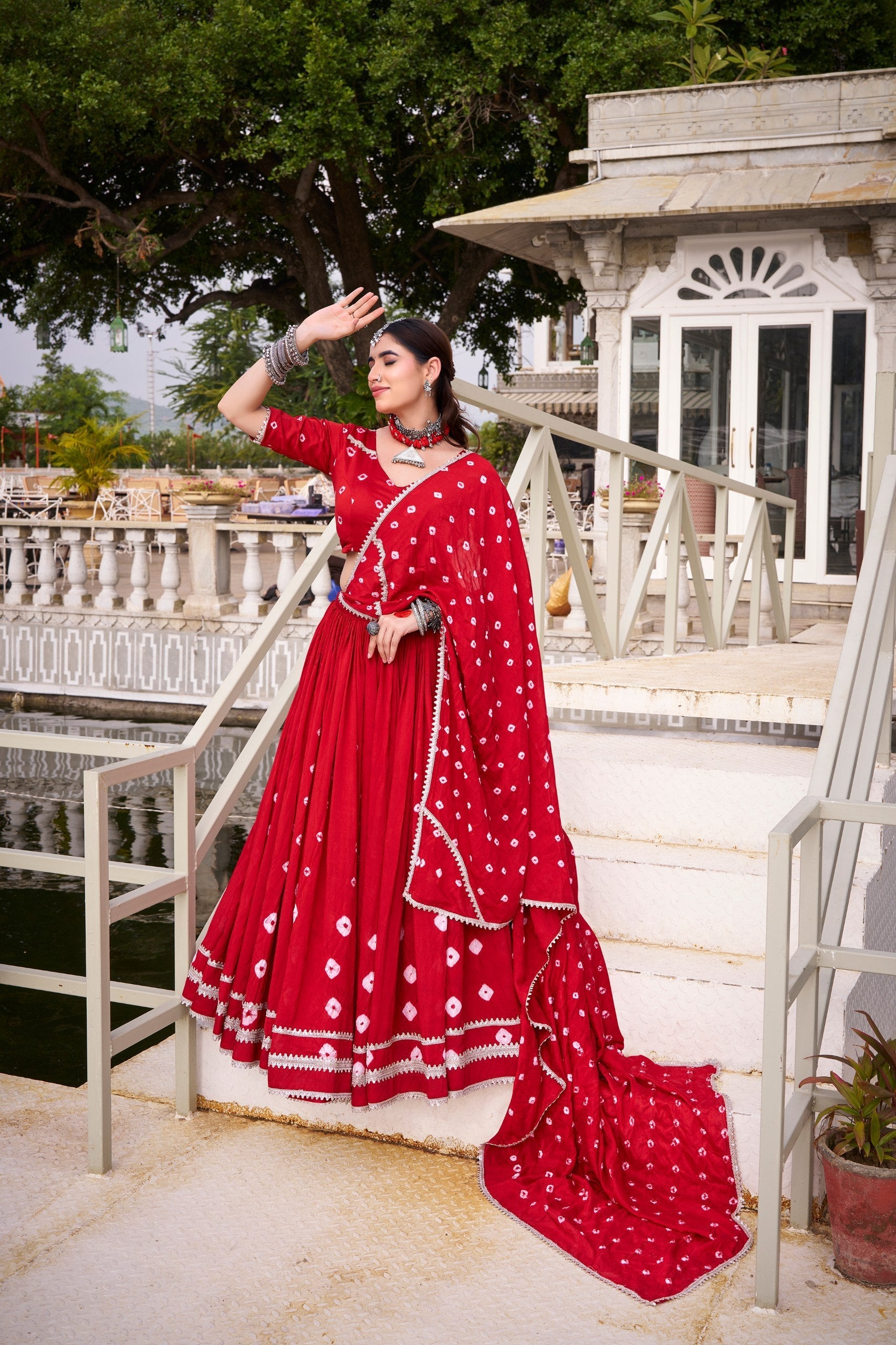 Red Elegant Pure Chanderi Bandhej Print Lehenga Set with Blouse & Dupatta – Stitched with Canvas and Lace Detailing