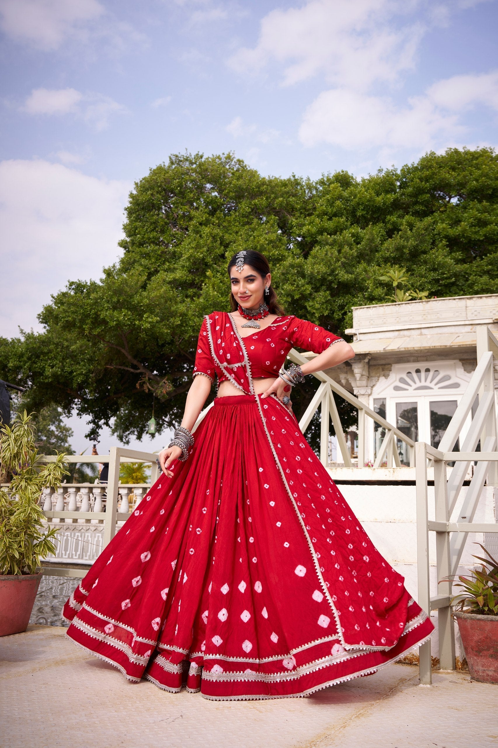 Red Elegant Pure Chanderi Bandhej Print Lehenga Set with Blouse & Dupatta – Stitched with Canvas and Lace Detailing