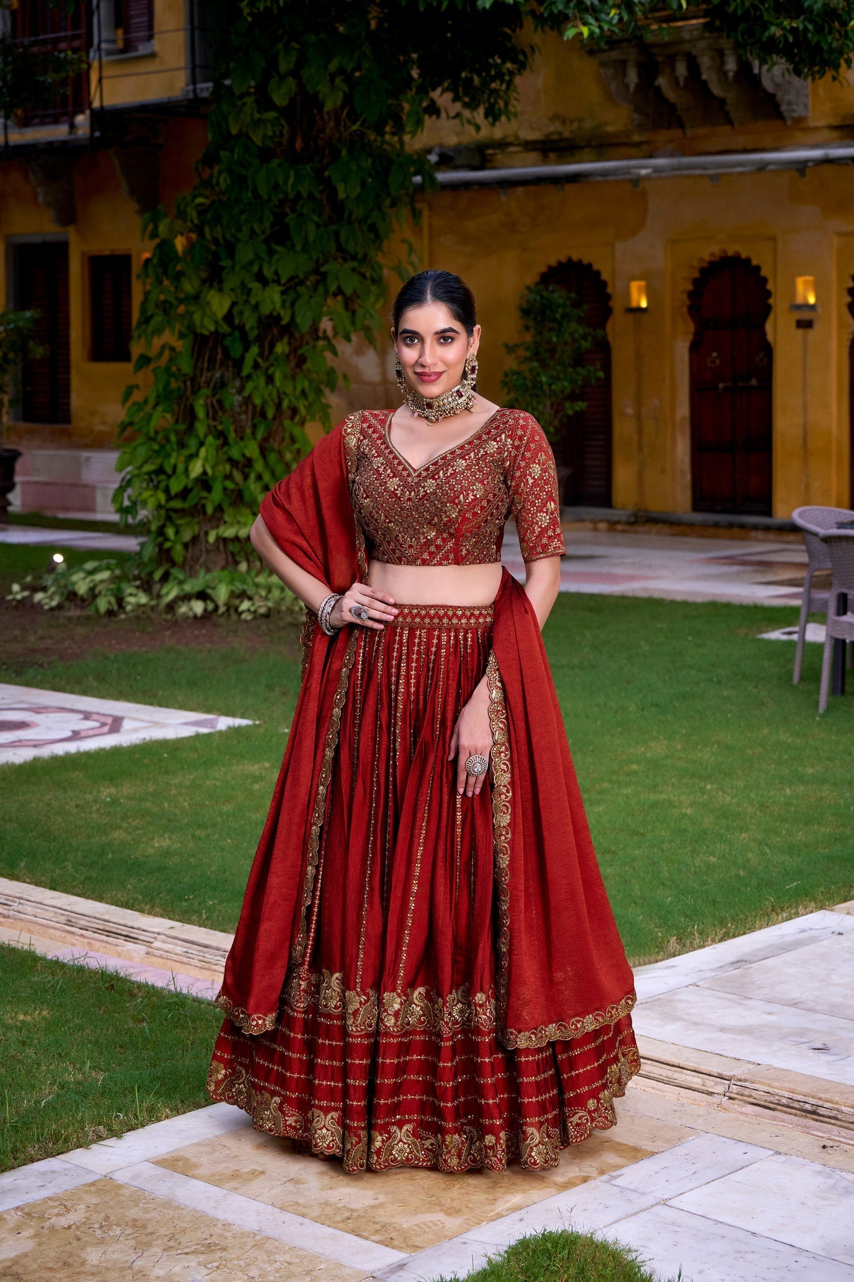 Red Elegant Rangoli Crush Lehenga with Sequins & Thread Embroidery, Matching Blouse & Dupatta