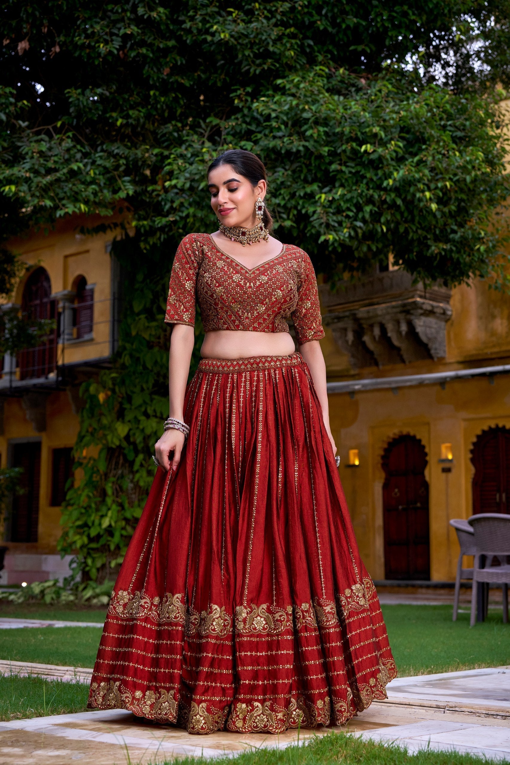 Red Elegant Rangoli Crush Lehenga with Sequins & Thread Embroidery, Matching Blouse & Dupatta