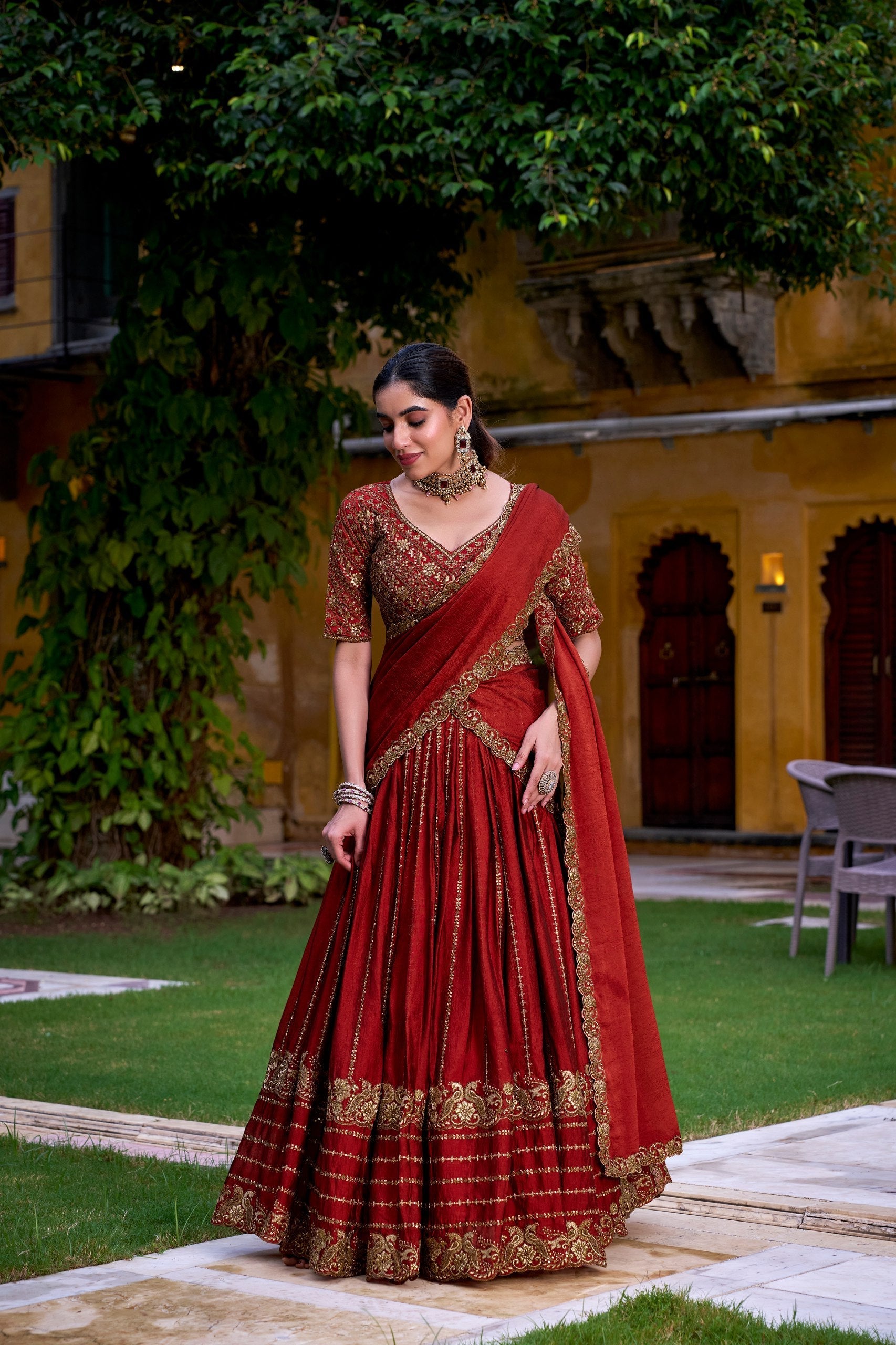 Red Elegant Rangoli Crush Lehenga with Sequins & Thread Embroidery, Matching Blouse & Dupatta