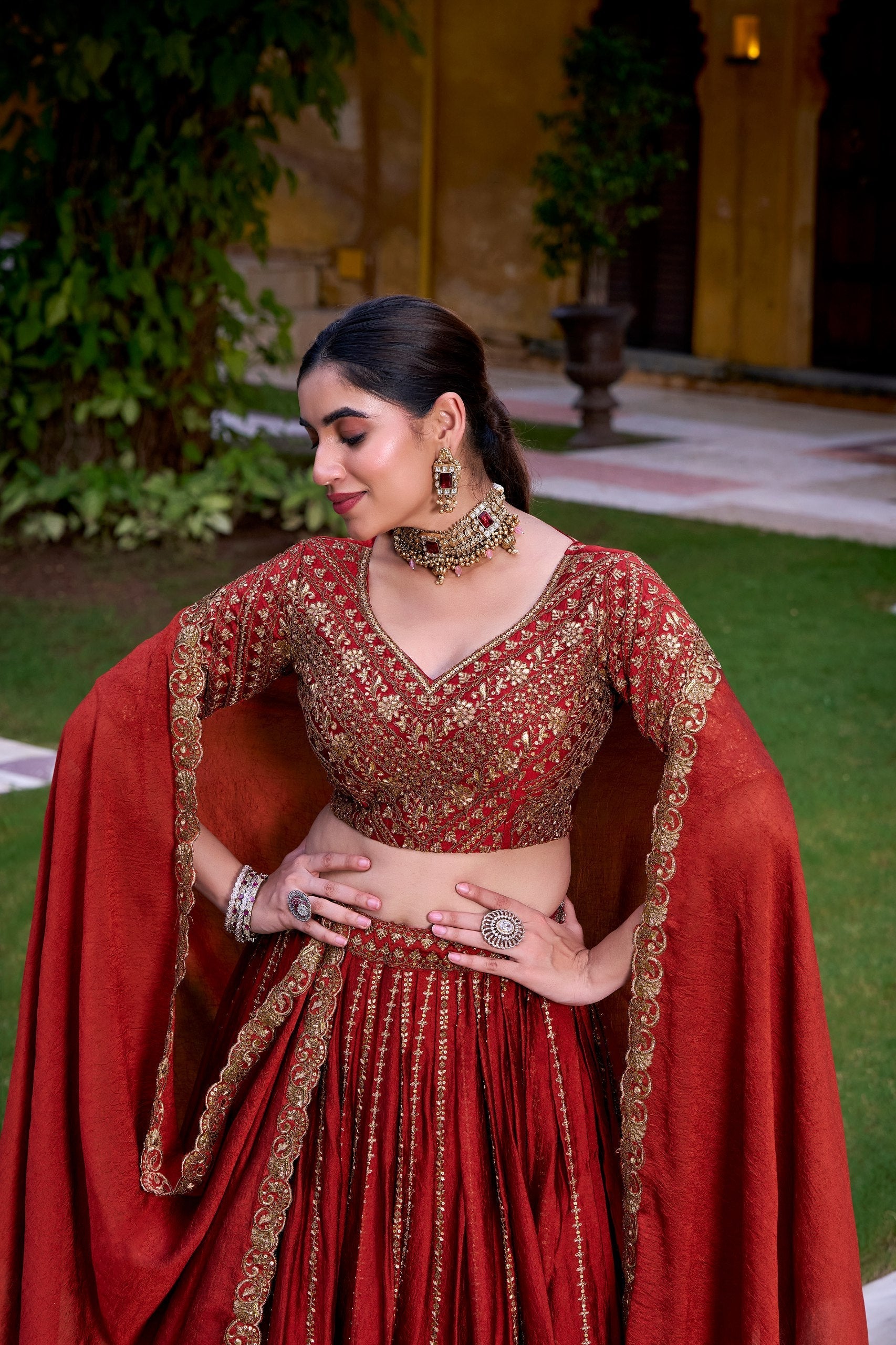 Red Elegant Rangoli Crush Lehenga with Sequins & Thread Embroidery, Matching Blouse & Dupatta