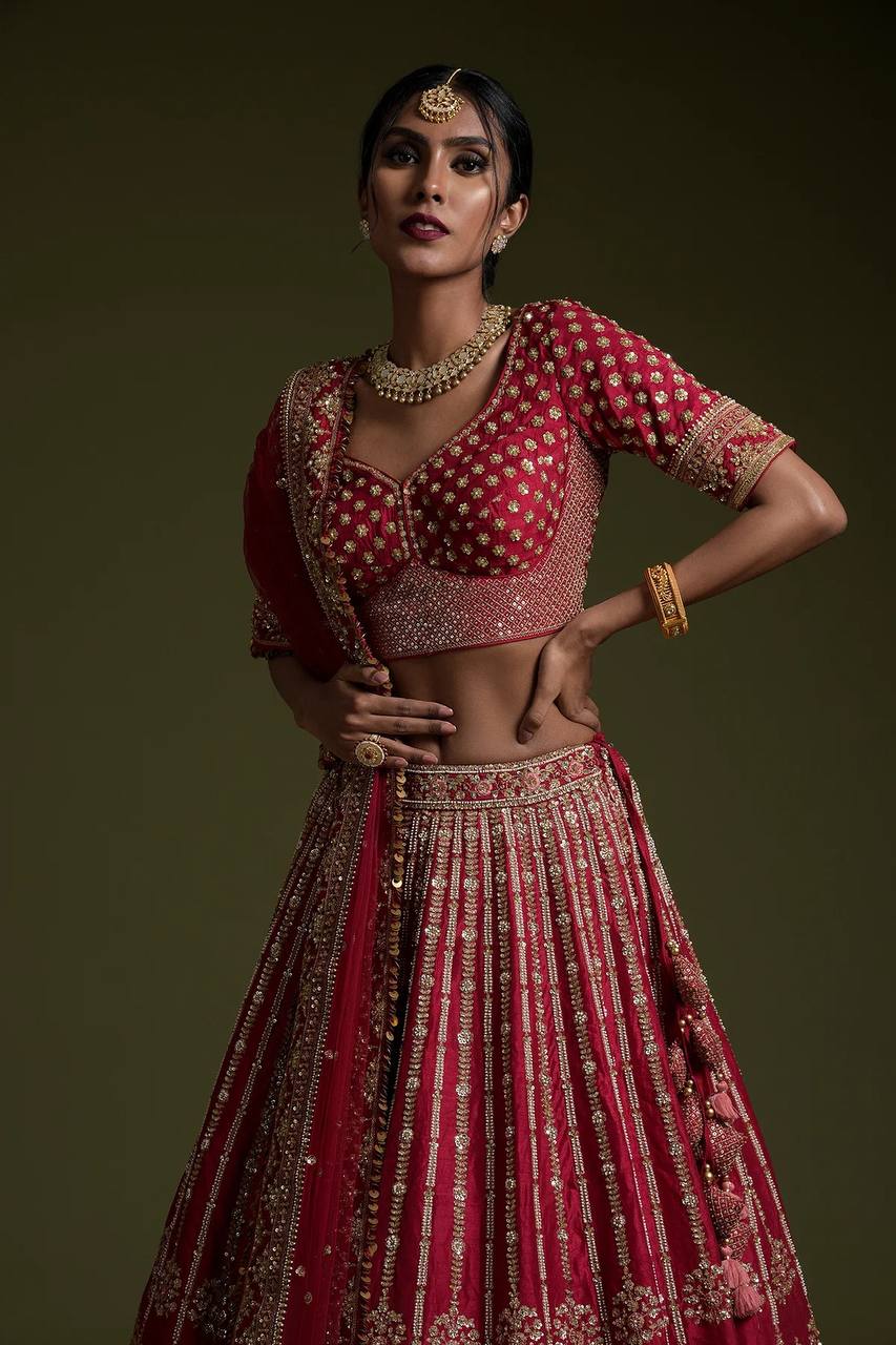 Red Elegant Rangoon Silk Lehenga Set with Sequins and Dori Work